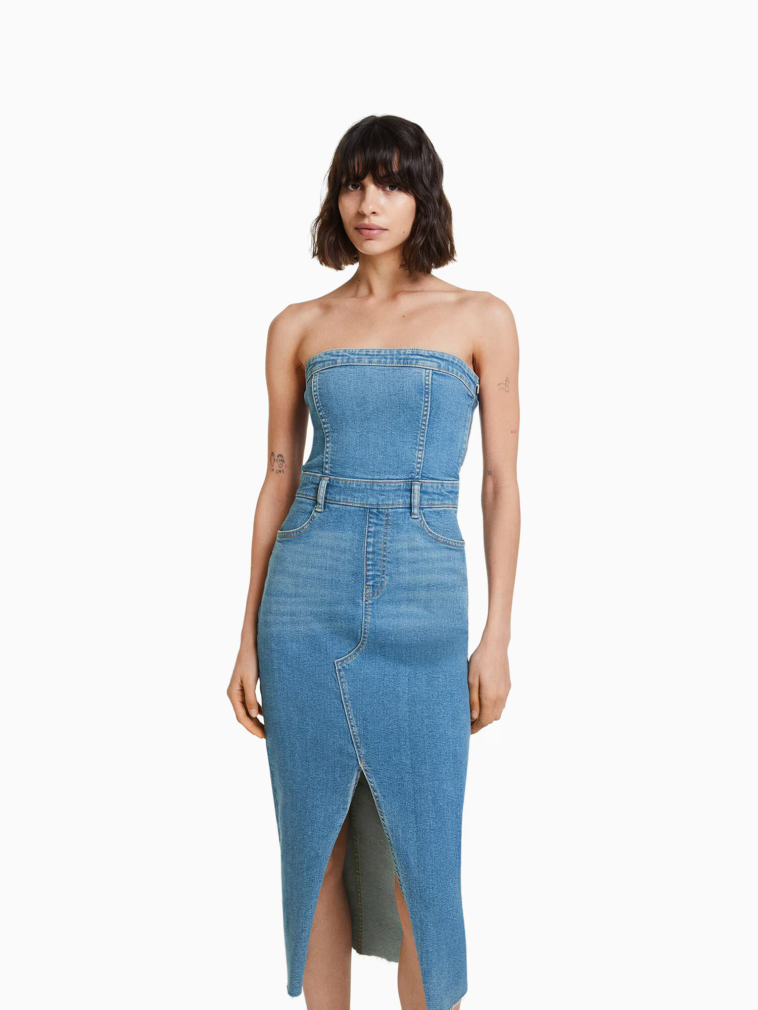 Bershka Obleka moder denim - Pepit.si