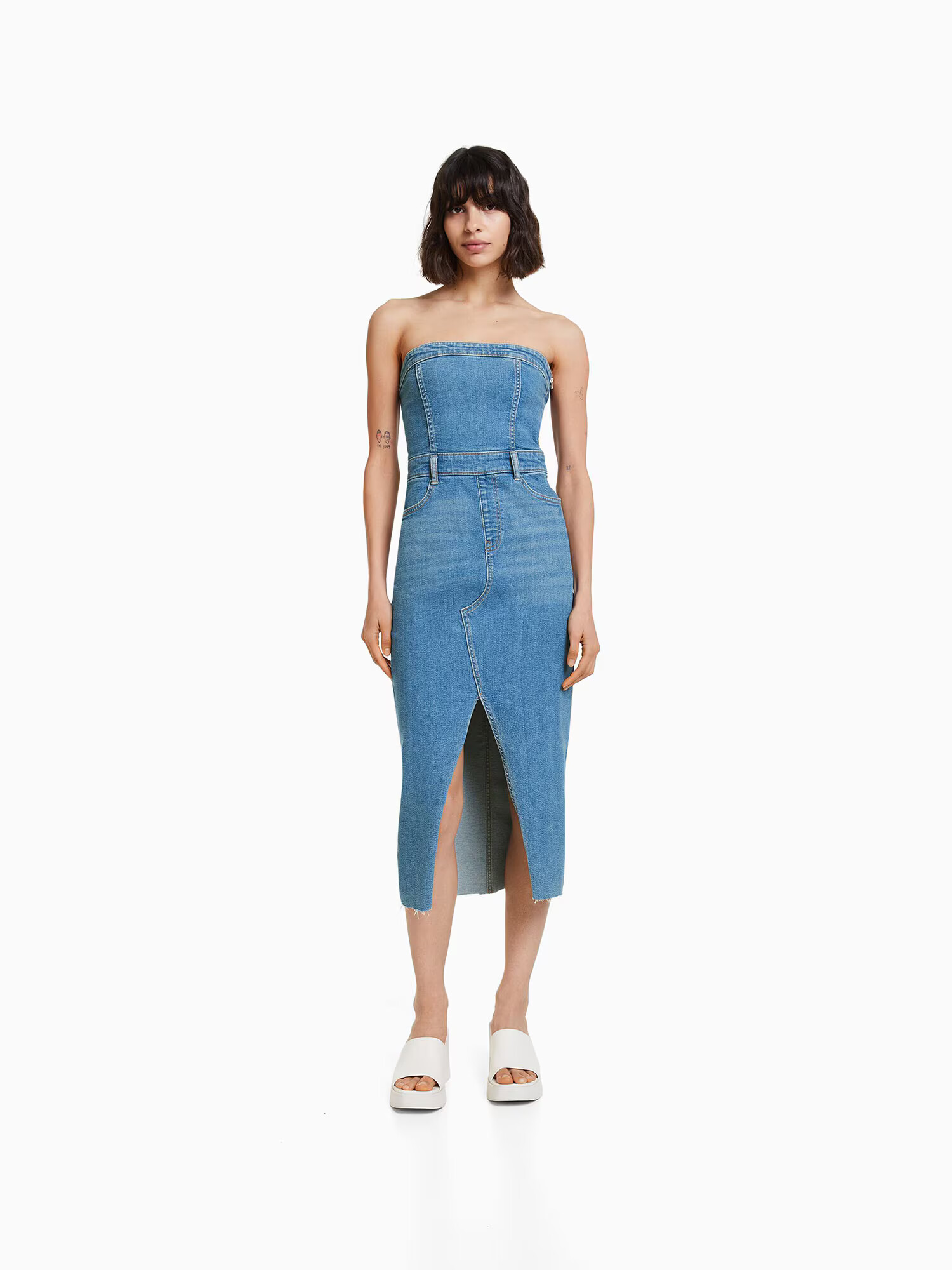 Bershka Obleka moder denim - Pepit.si