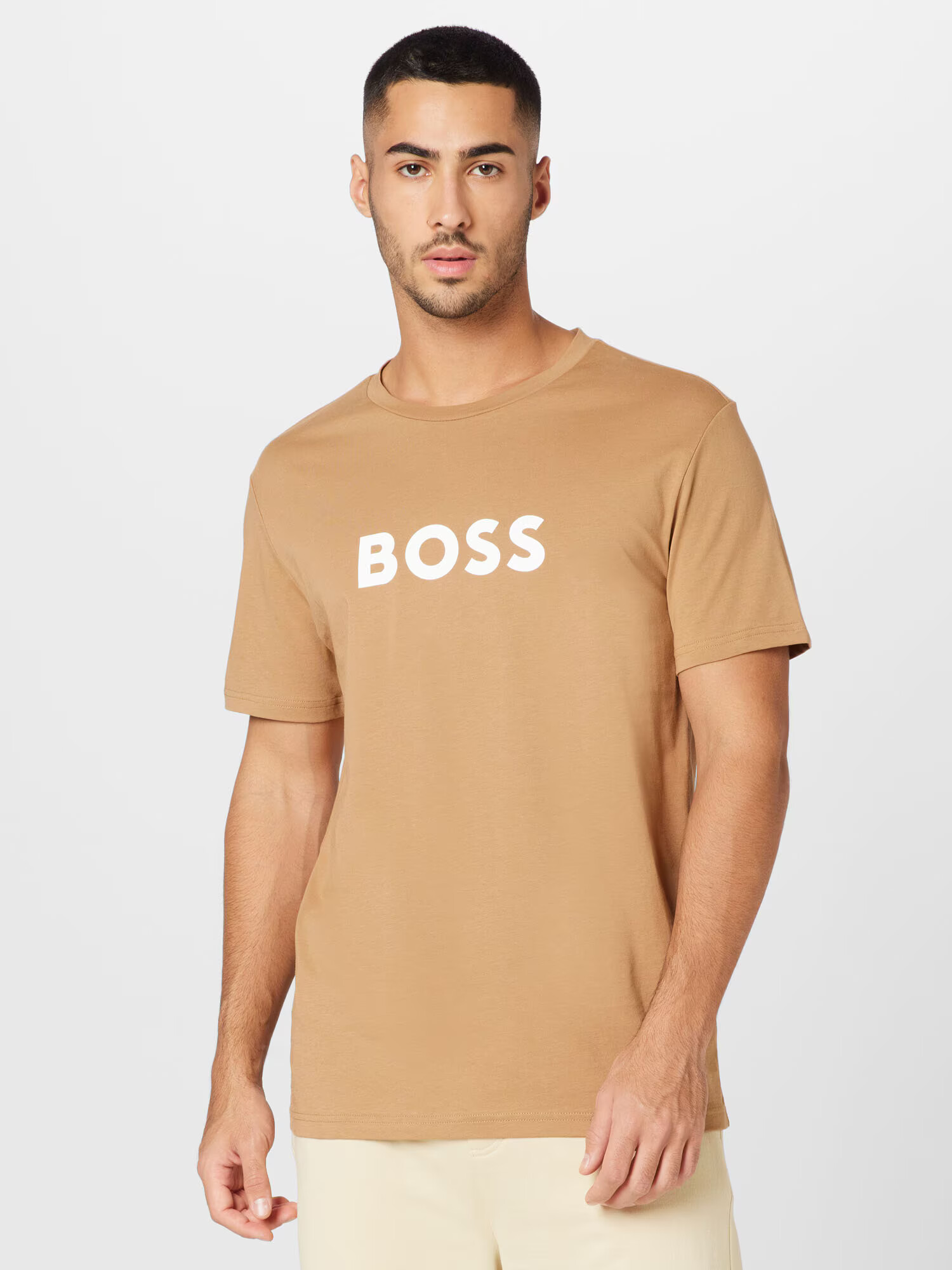 BOSS Black Majica 'T-Shirt RN' kamela / bela - Pepit.si