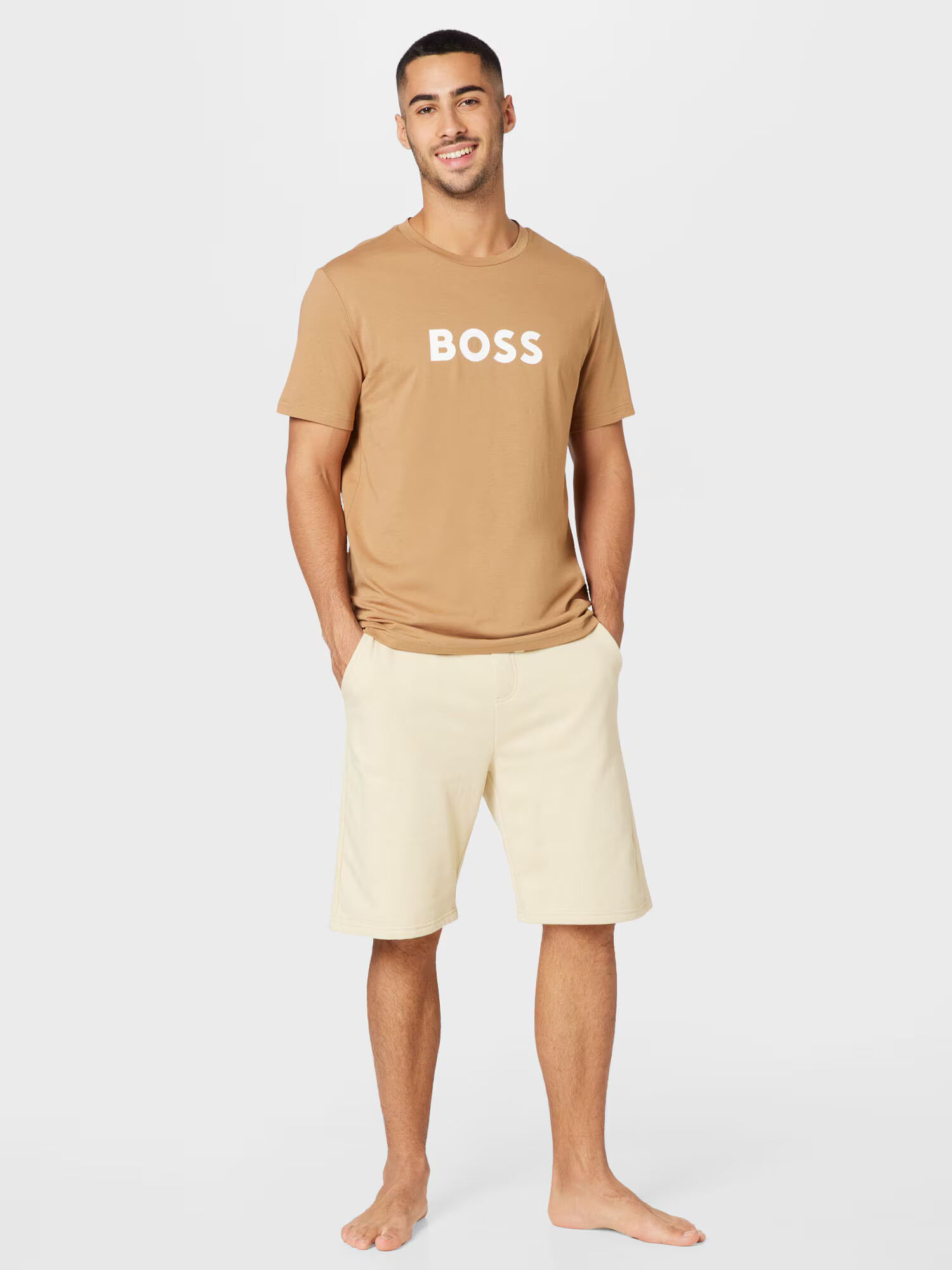 BOSS Black Majica 'T-Shirt RN' kamela / bela - Pepit.si