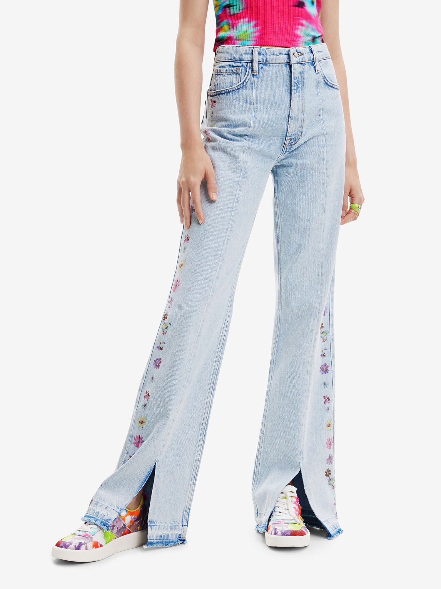 Desigual Kavbojke 'Flores' moder denim / svetlo zelena / temno liila / svetlo roza - Pepit.si