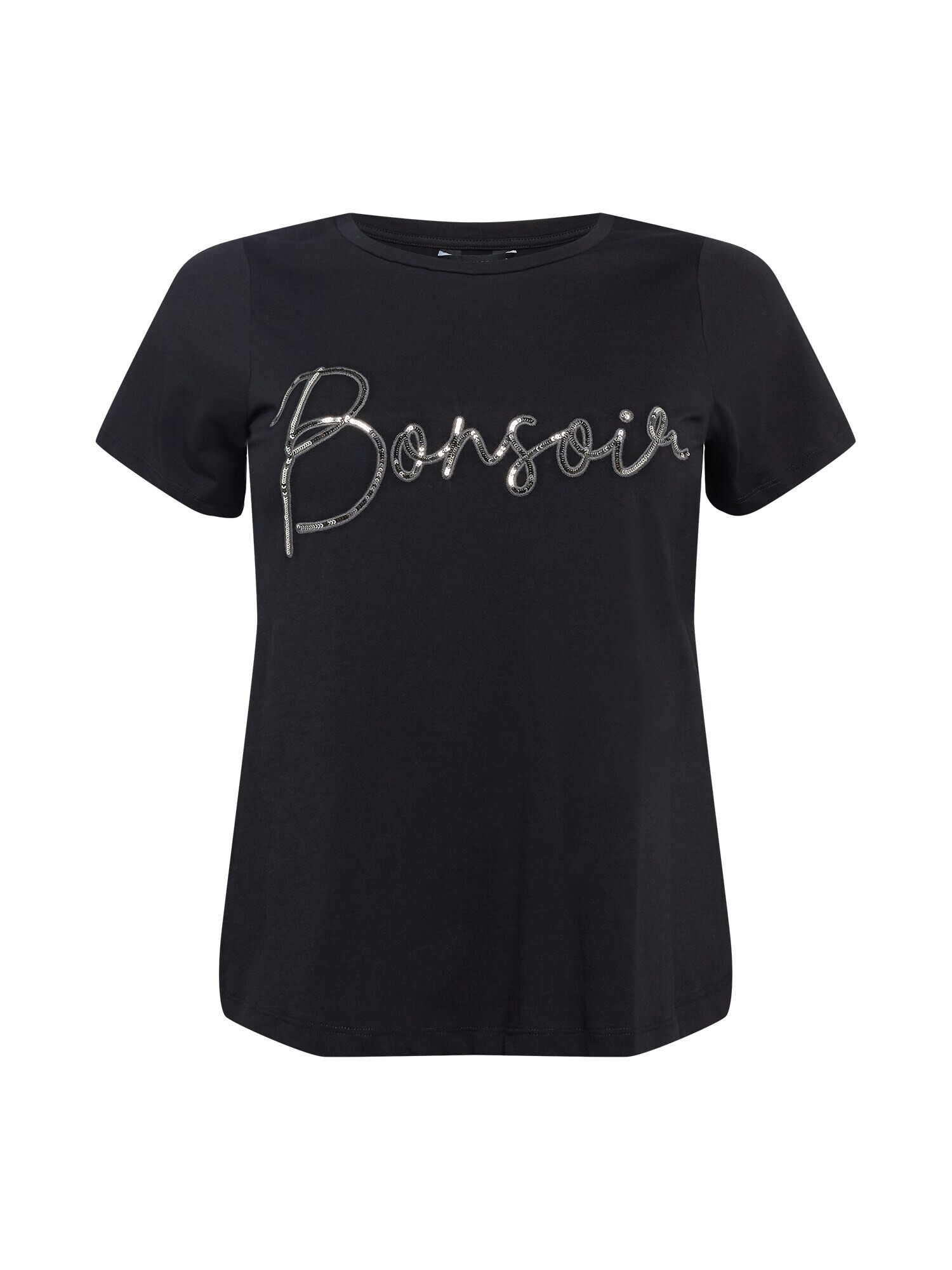 Dorothy Perkins Curve T-Shirt 'BONSOIR' črna / srebrna - Pepit.si