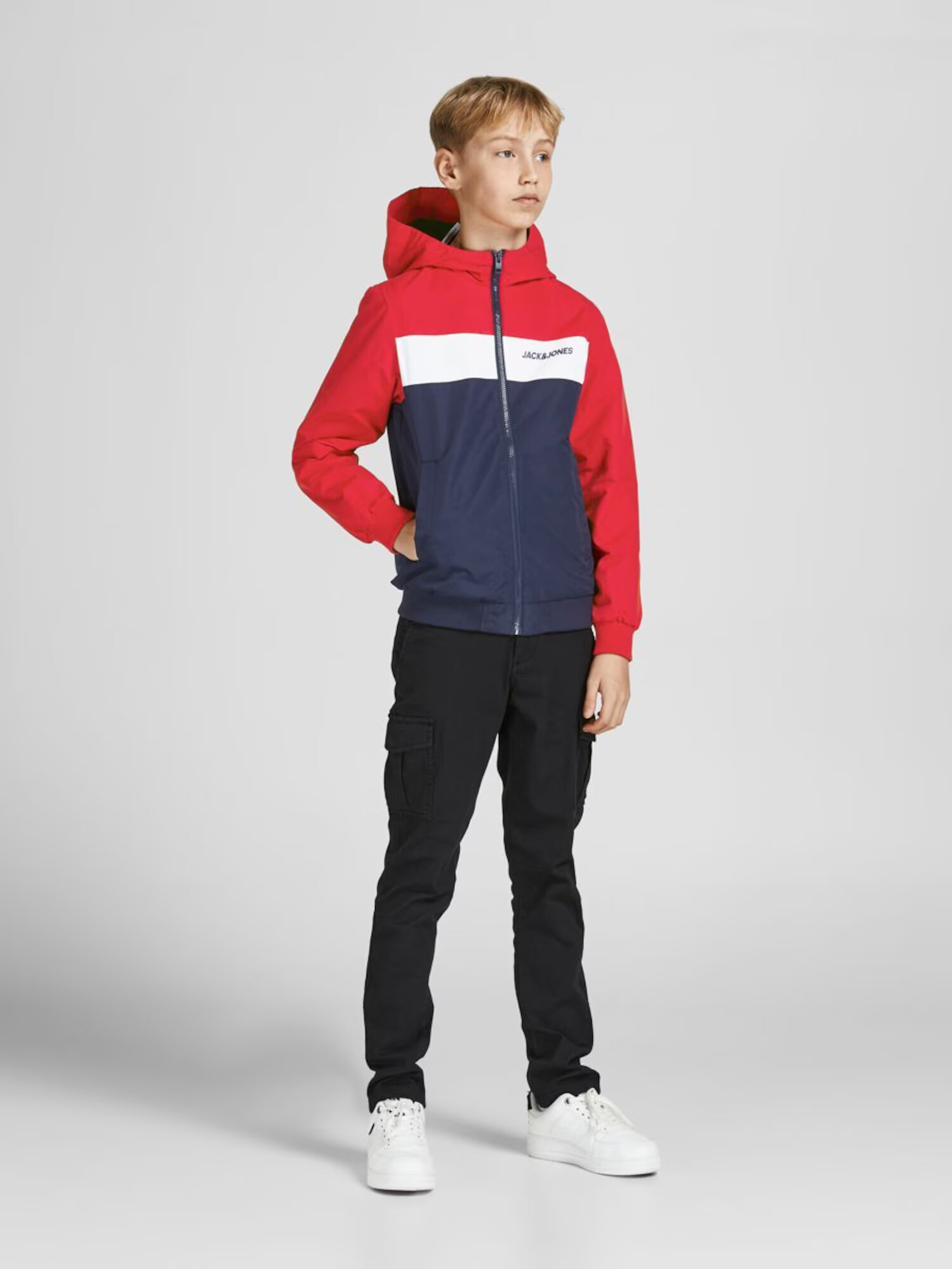 Jack & Jones Junior Prehodna jakna 'Rush' nočno modra / rdeča / bela - Pepit.si