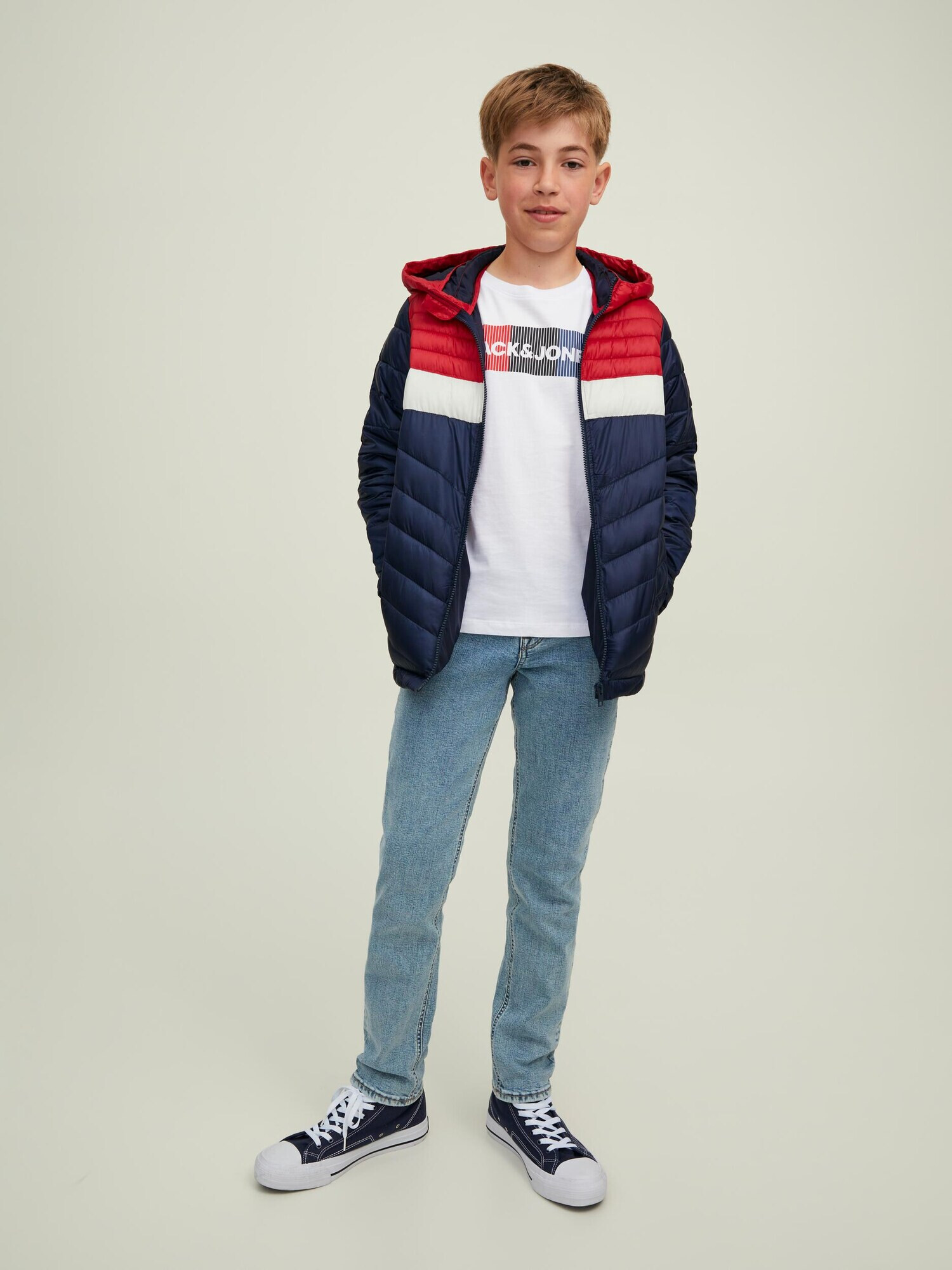 Jack & Jones Junior Prehodna jakna 'Hero' modra / rdeča / bela - Pepit.si