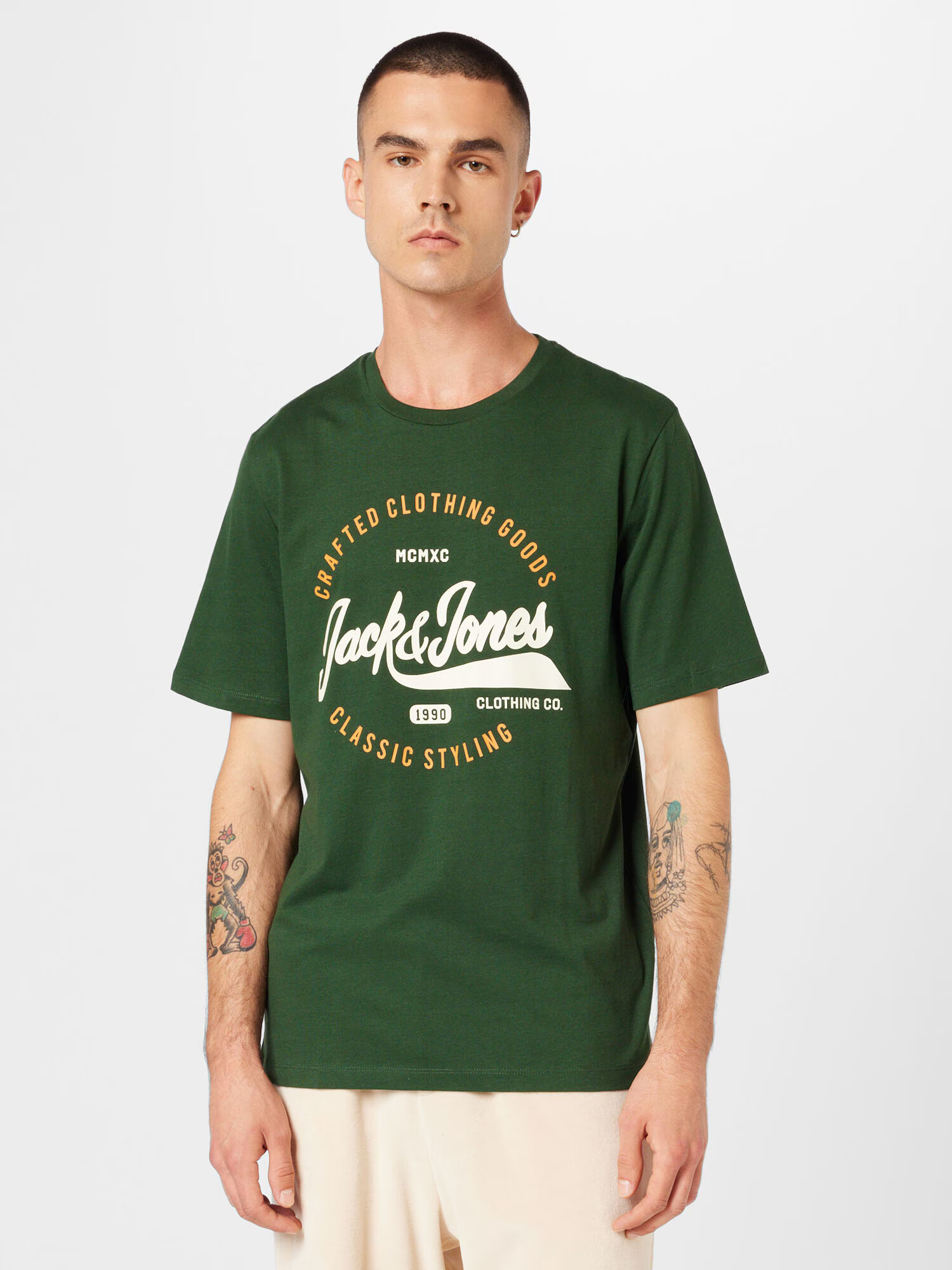 JACK & JONES Majica 'MIKK' temno zelena / svetlo oranžna / bela - Pepit.si