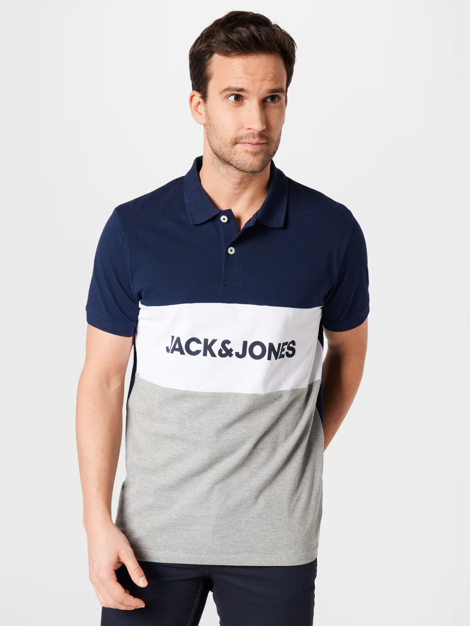 JACK & JONES Majica temno modra / pegasto siva / bela - Pepit.si