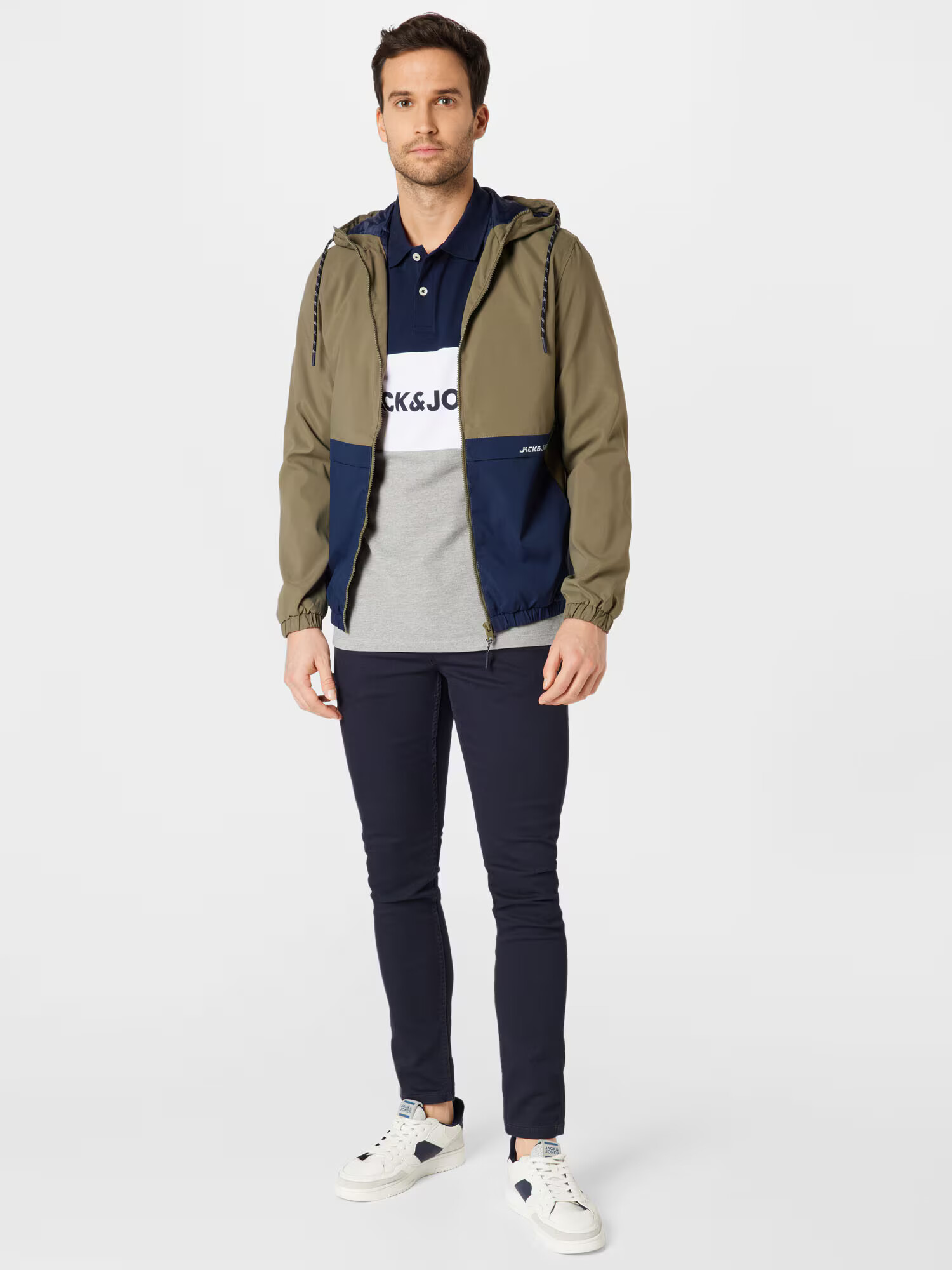 JACK & JONES Majica temno modra / pegasto siva / bela - Pepit.si