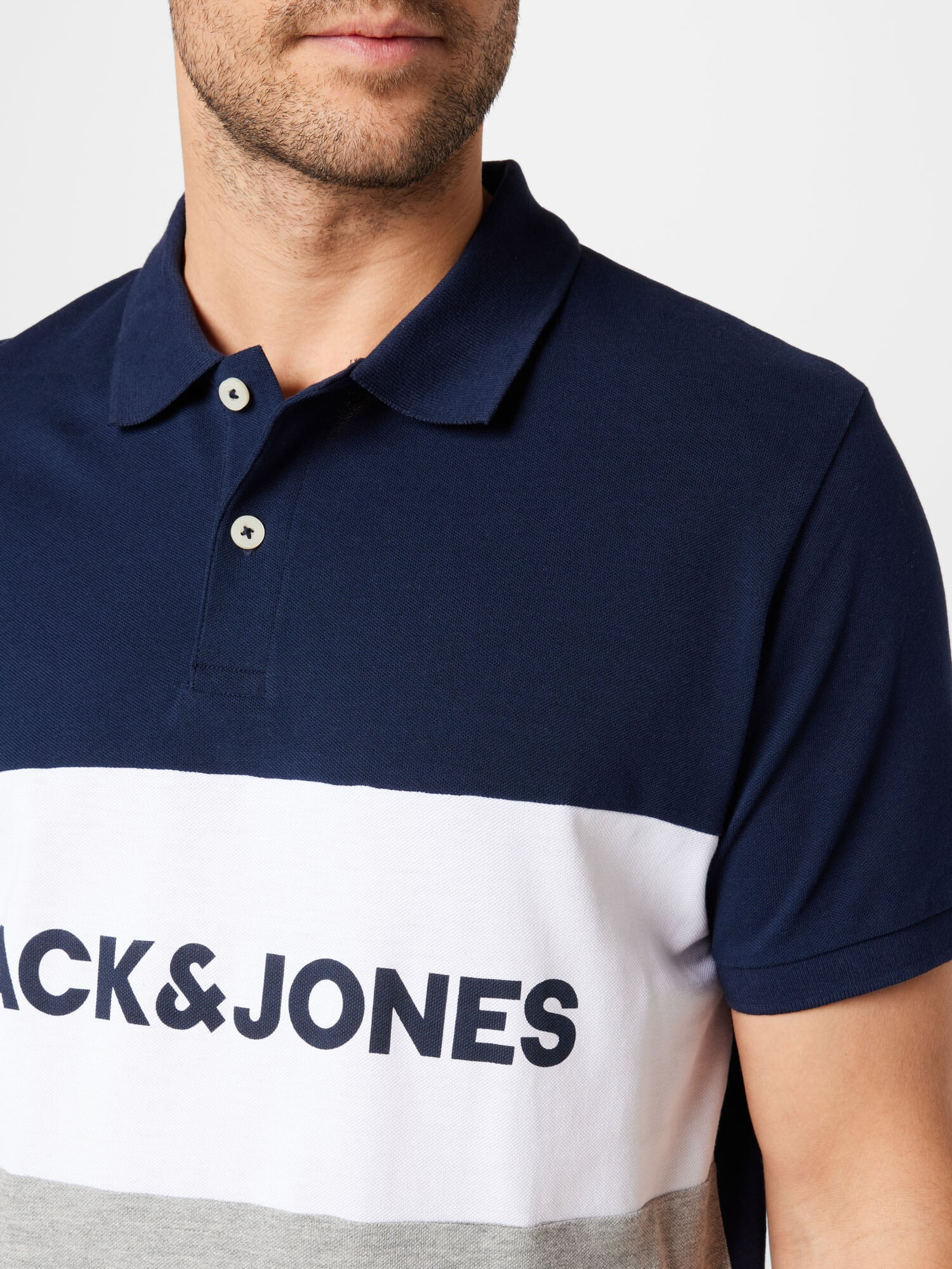 JACK & JONES Majica temno modra / pegasto siva / bela - Pepit.si