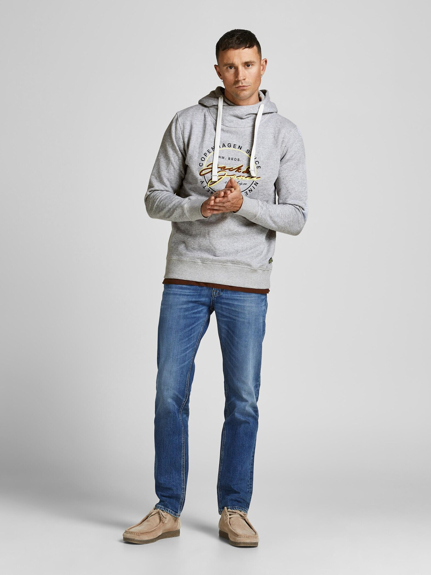 JACK & JONES Majica 'Woods' nočno modra / rjava / pastelno rumena / pegasto siva - Pepit.si