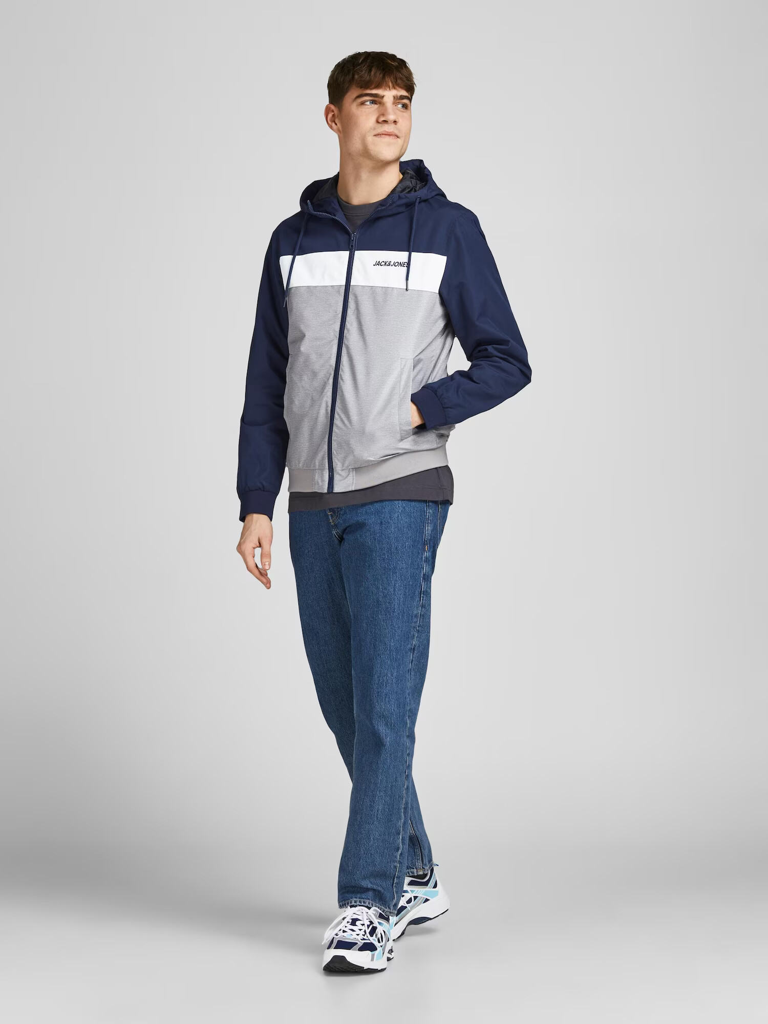 JACK & JONES Prehodna jakna 'Rush' mornarska / pegasto siva / bela - Pepit.si