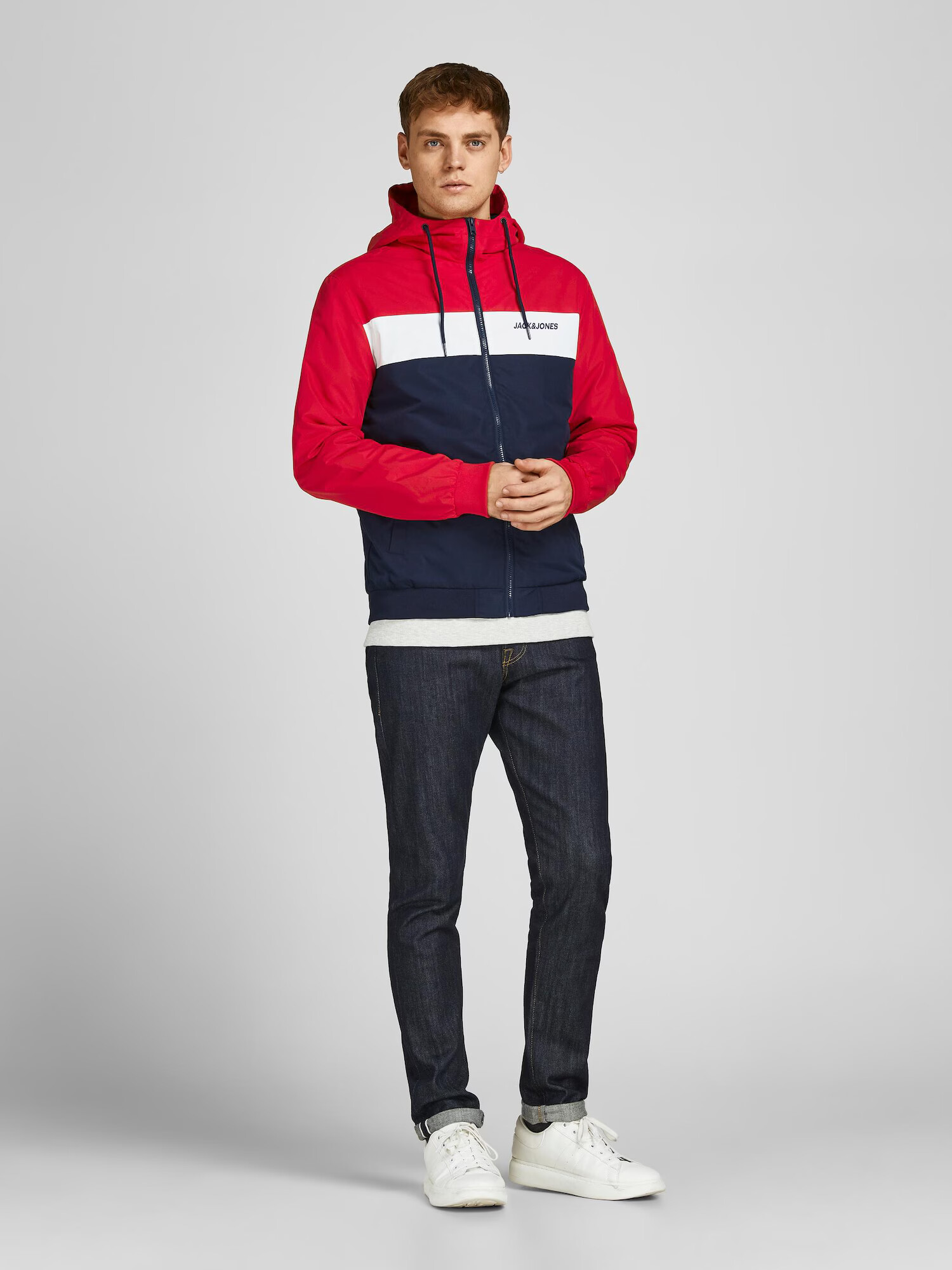 JACK & JONES Prehodna jakna 'Rush' temno modra / ognjeno rdeča / bela - Pepit.si