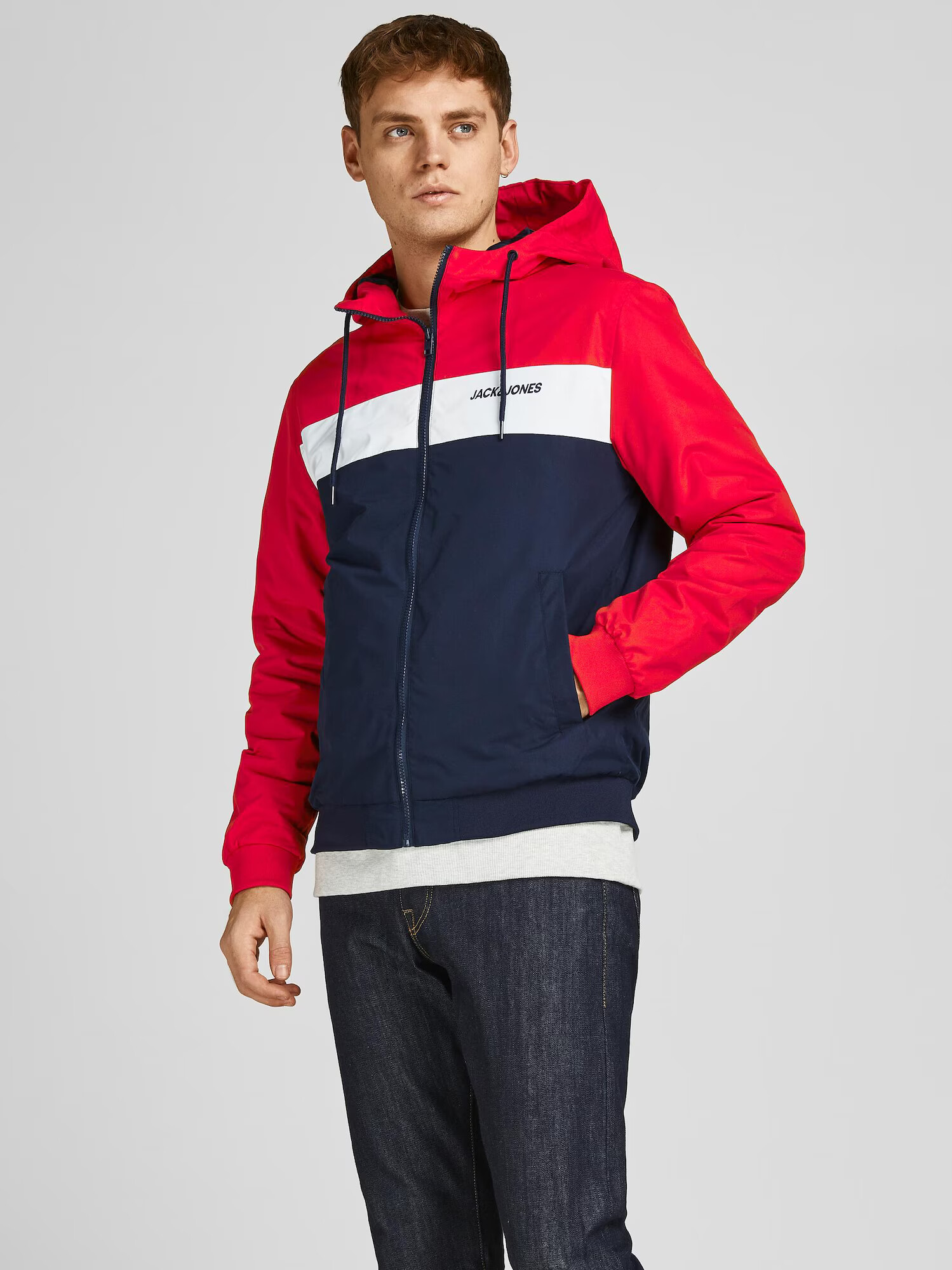 JACK & JONES Prehodna jakna 'Rush' temno modra / ognjeno rdeča / bela - Pepit.si