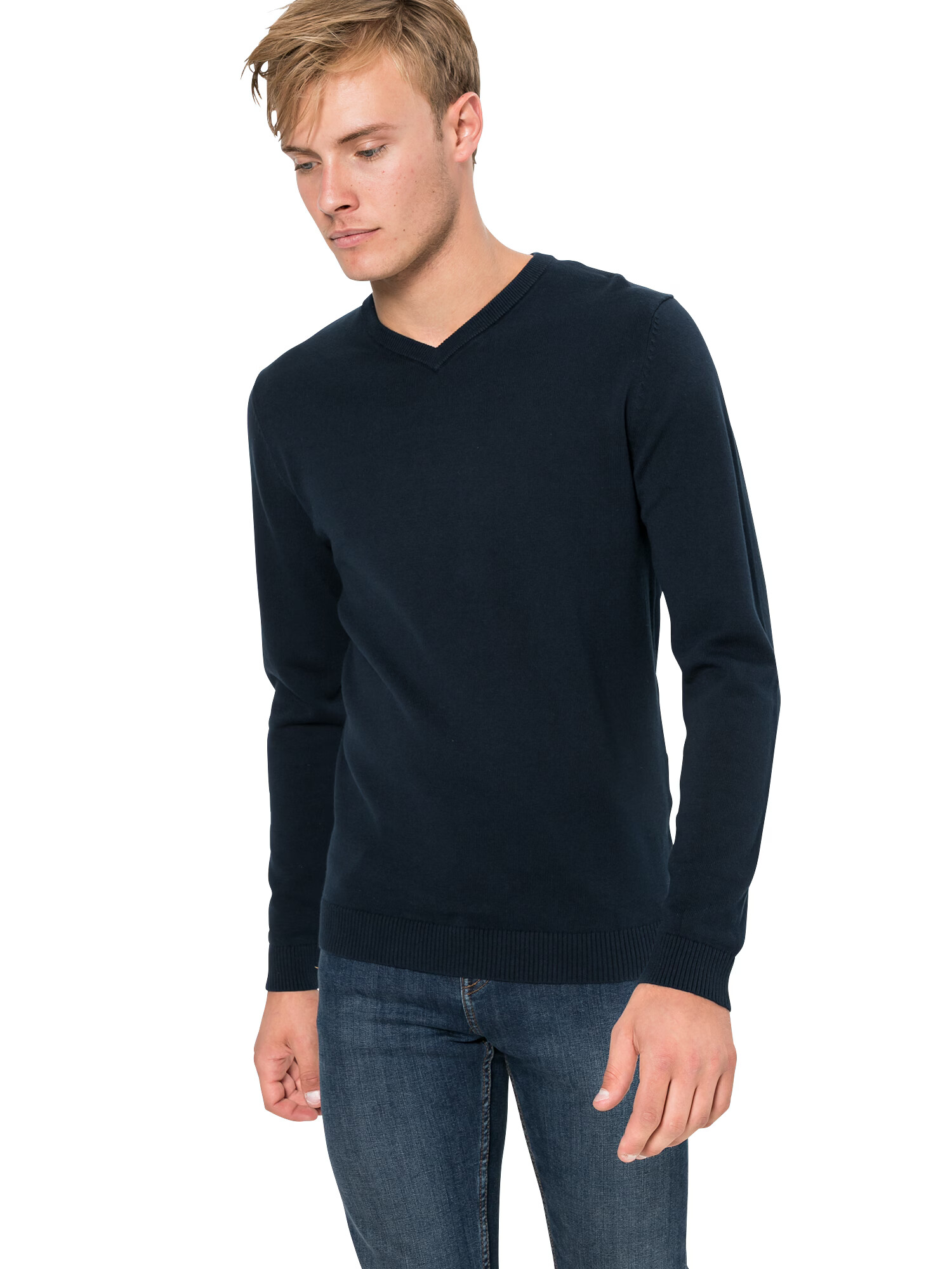 JACK & JONES Pulover 'JJEBASIC KNIT V-NECK' nočno modra - Pepit.si