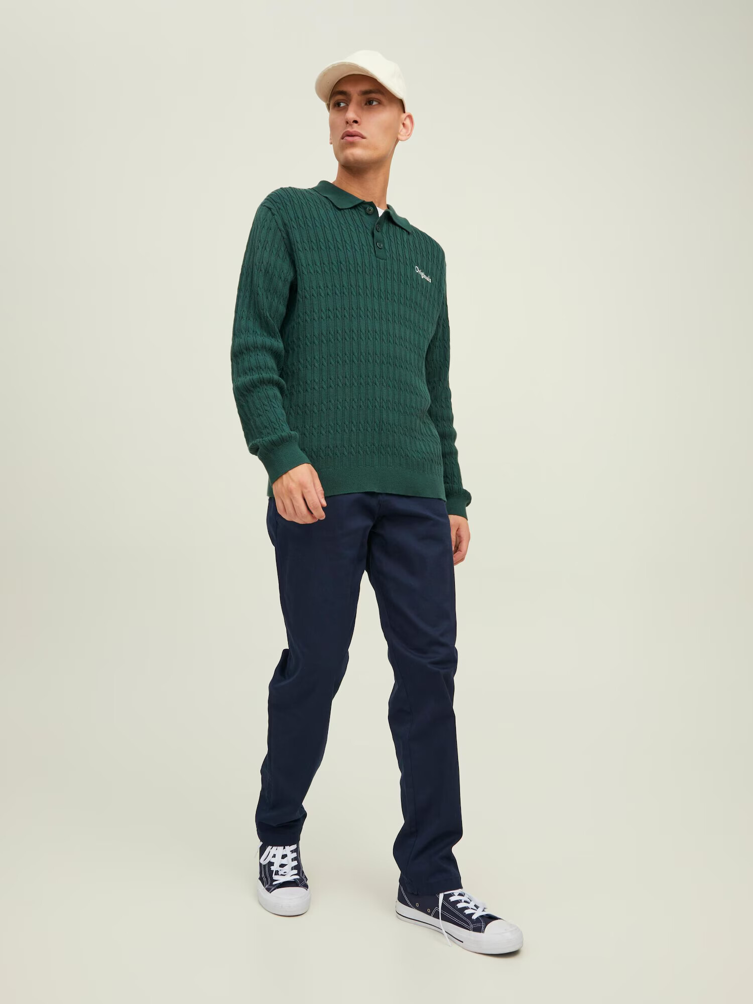 JACK & JONES Pulover 'Park' temno zelena / bela - Pepit.si