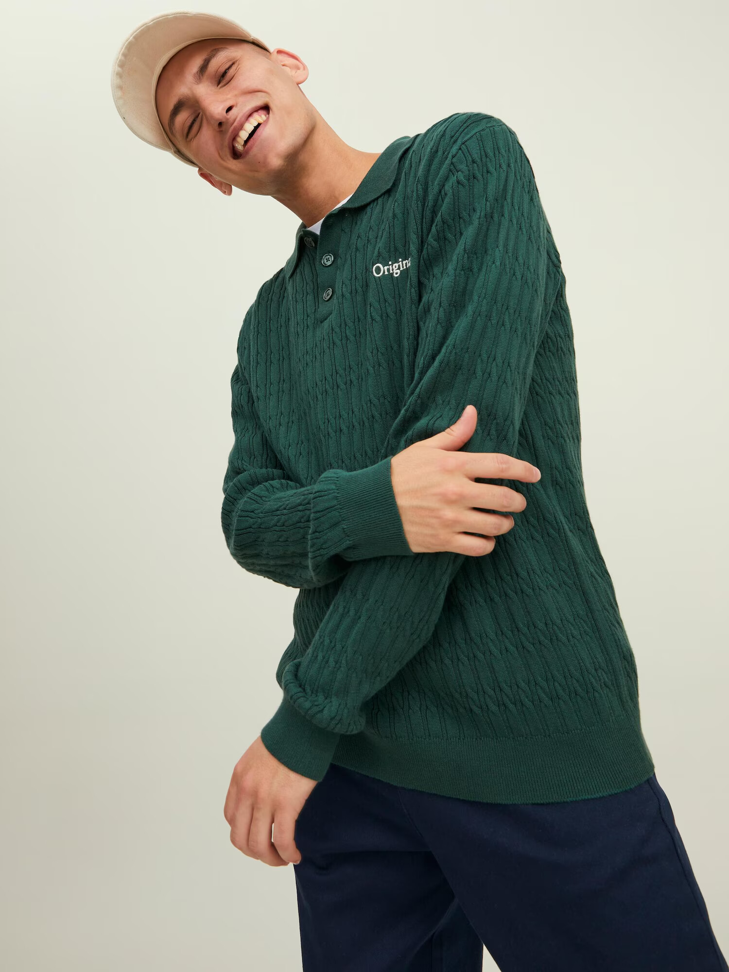 JACK & JONES Pulover 'Park' temno zelena / bela - Pepit.si