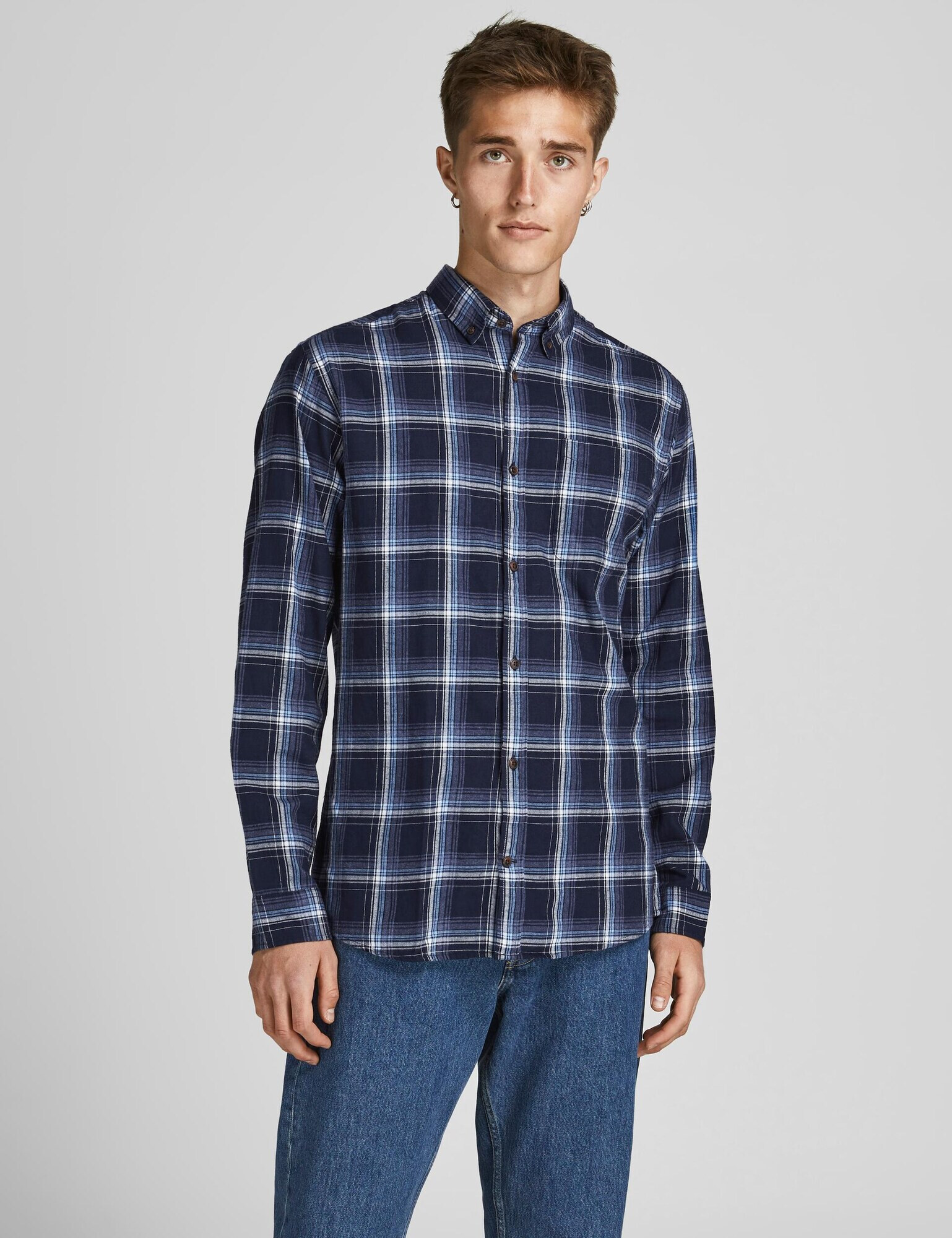 JACK & JONES Srajca 'Denver' mornarska / svetlo modra / bela - Pepit.si