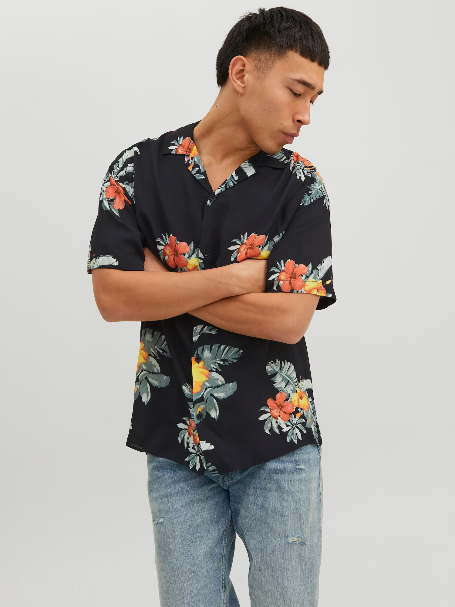 JACK & JONES Srajca 'Luke' siva / oranžna / korala / črna - Pepit.si