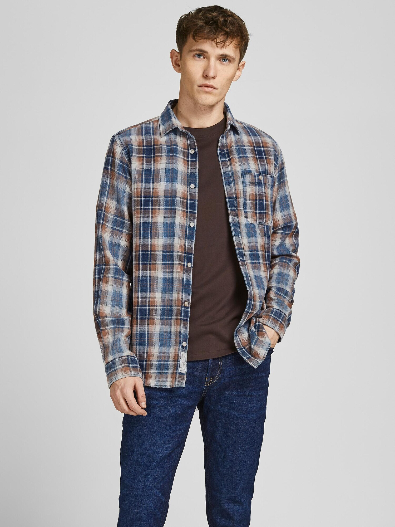 JACK & JONES Srajca 'Stanley' kremna / kobalt modra / rjava / svetlo rjava - Pepit.si