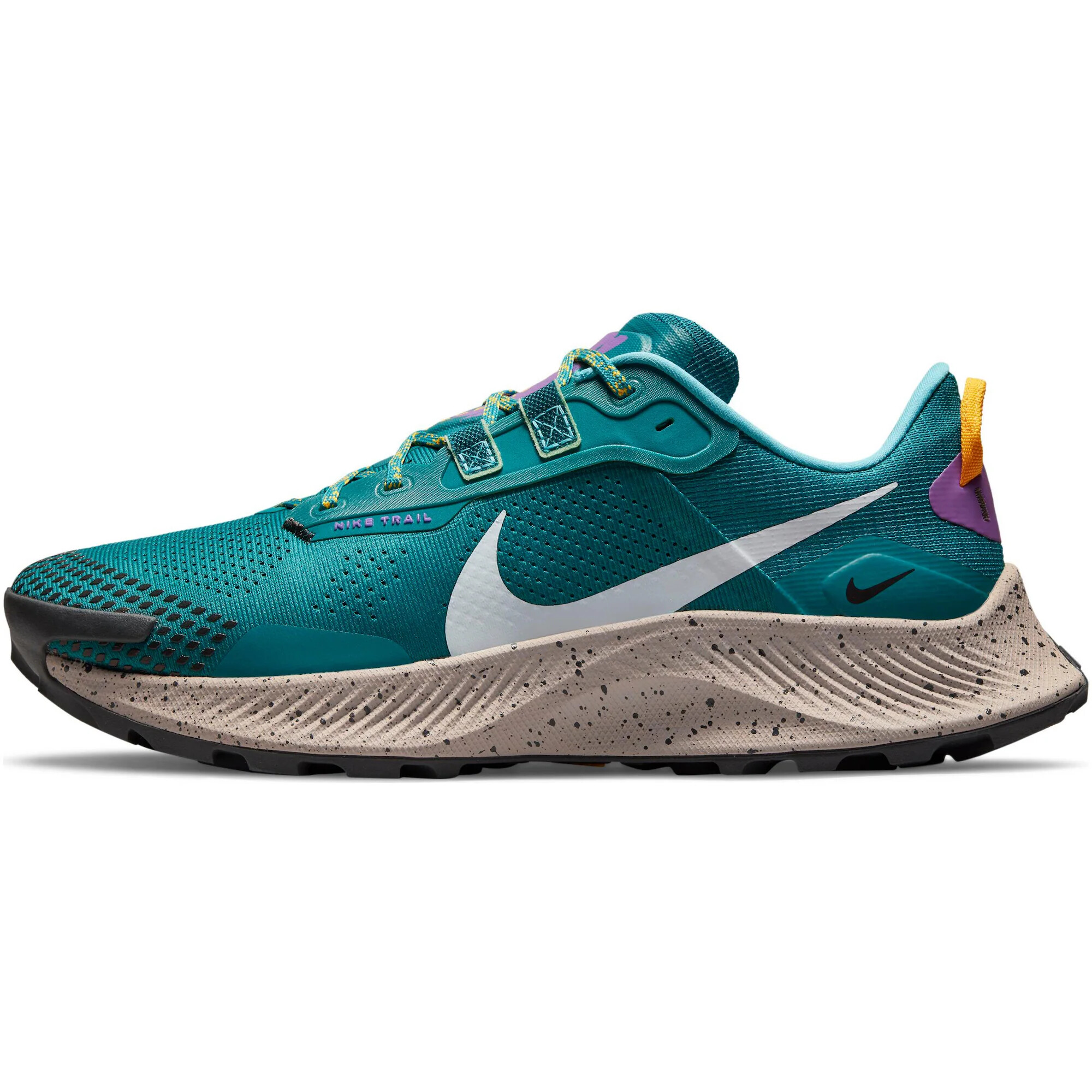 NIKE Tekaški čevelj 'Pegasus Trail 3' bela / črna / turkizna / neonsko lila / zlato-rumena - Pepit.si