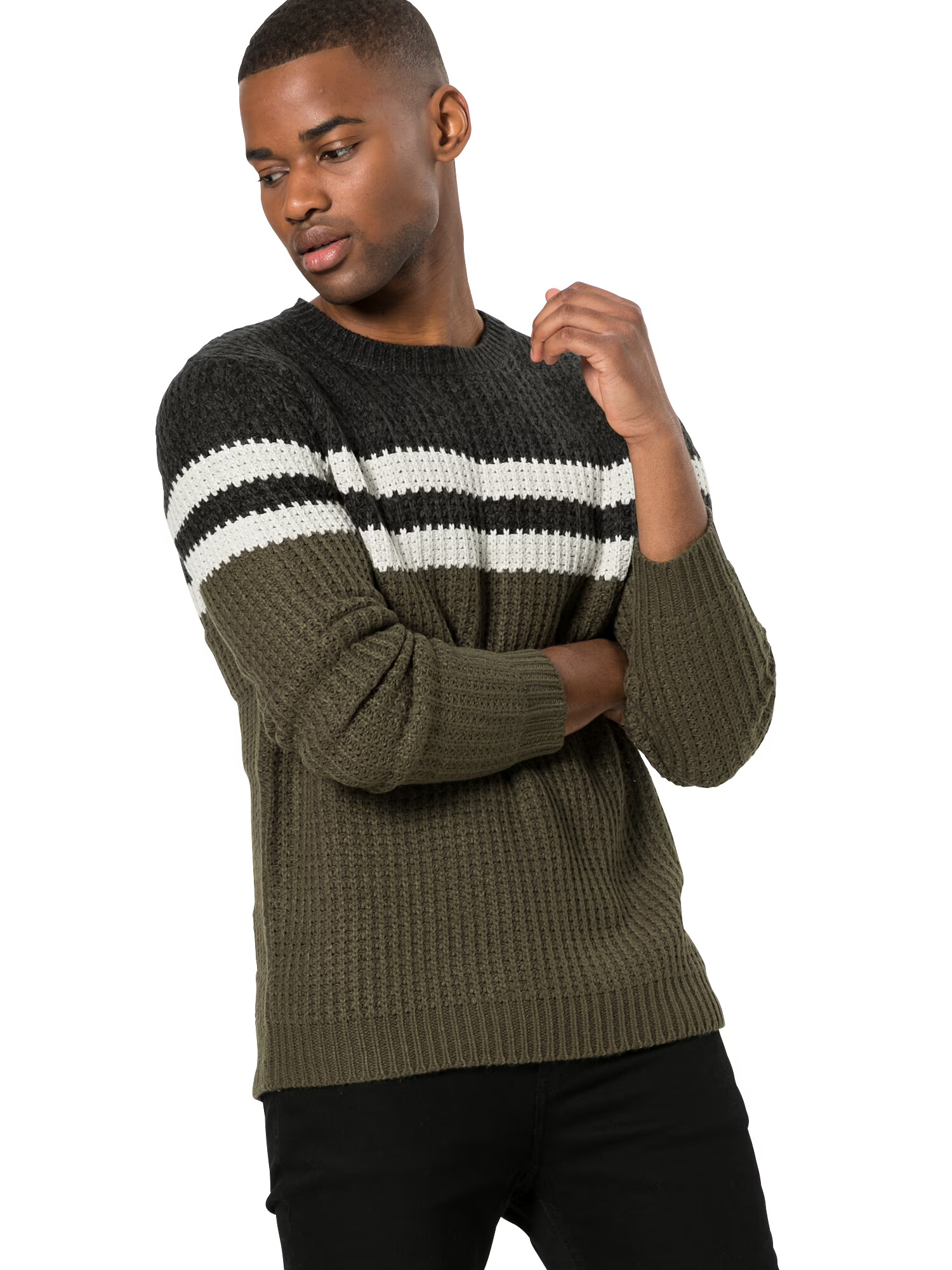 Only & Sons Pulover 'onsLAZLO STRIPED CREW NECK KNIT' zelena / črna / bela - Pepit.si