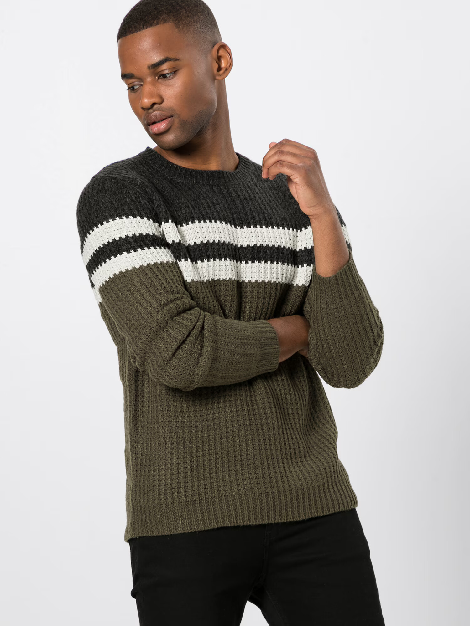 Only & Sons Pulover 'onsLAZLO STRIPED CREW NECK KNIT' zelena / črna / bela - Pepit.si