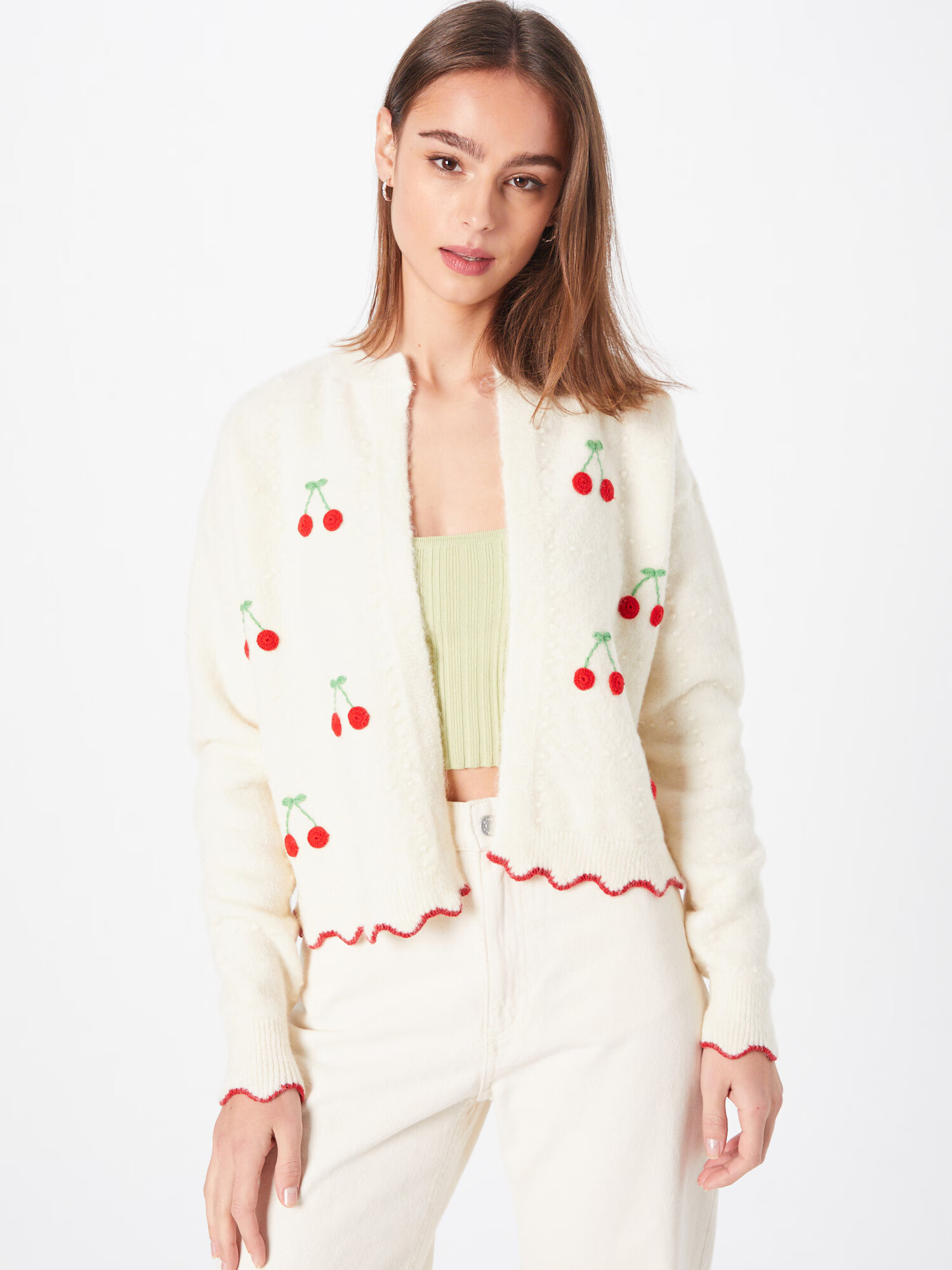 River Island Pletena jopa 'EMBROIDERED CHERRY' kremna / zelena / rdeča - Pepit.si