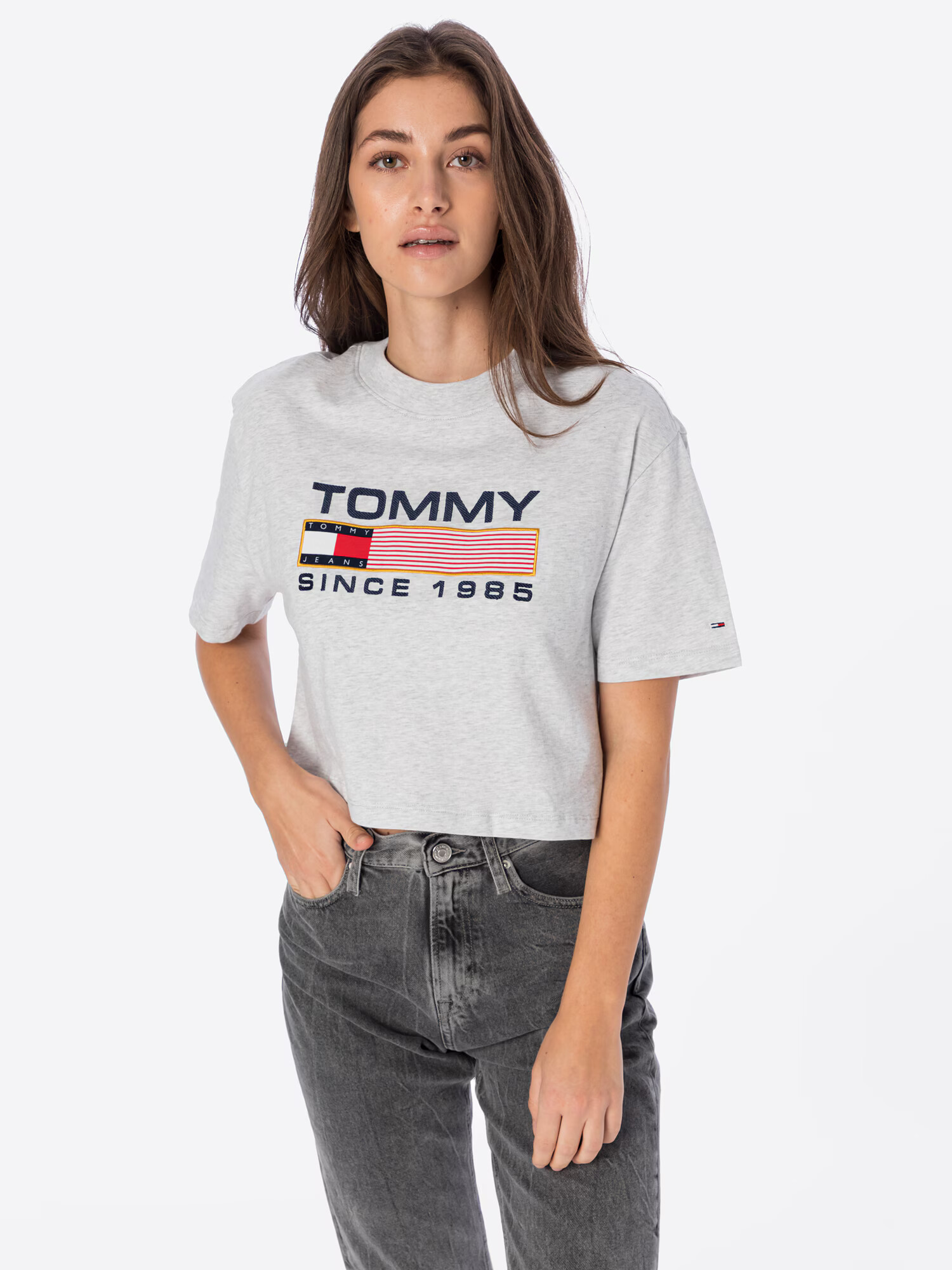 Tommy Jeans Majica mornarska / pegasto siva / rdeča / bela - Pepit.si