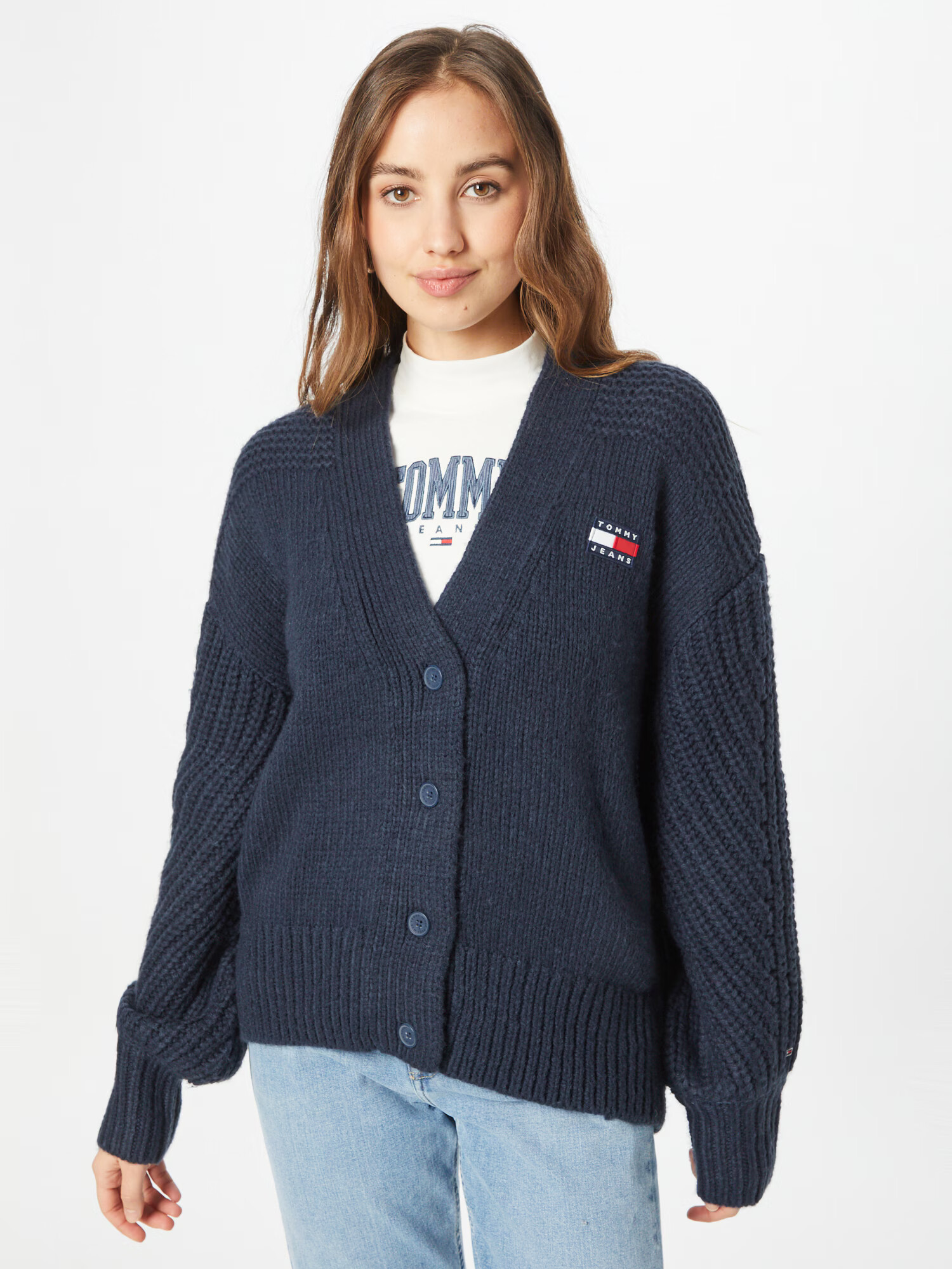 Tommy Jeans Pletena jopa mornarska / rdeča / bela - Pepit.si