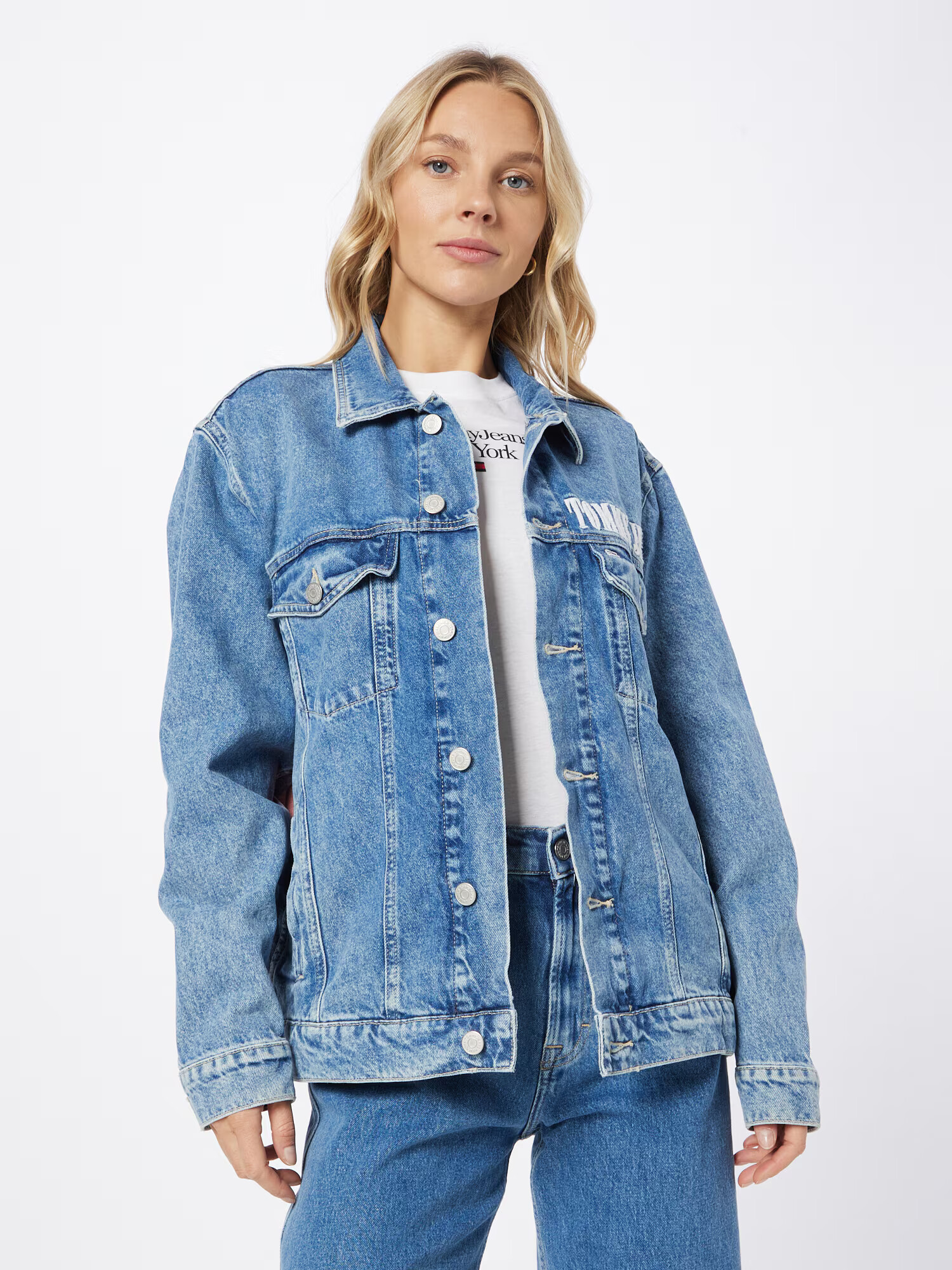 Tommy Jeans Prehodna jakna moder denim / melona / bela - Pepit.si