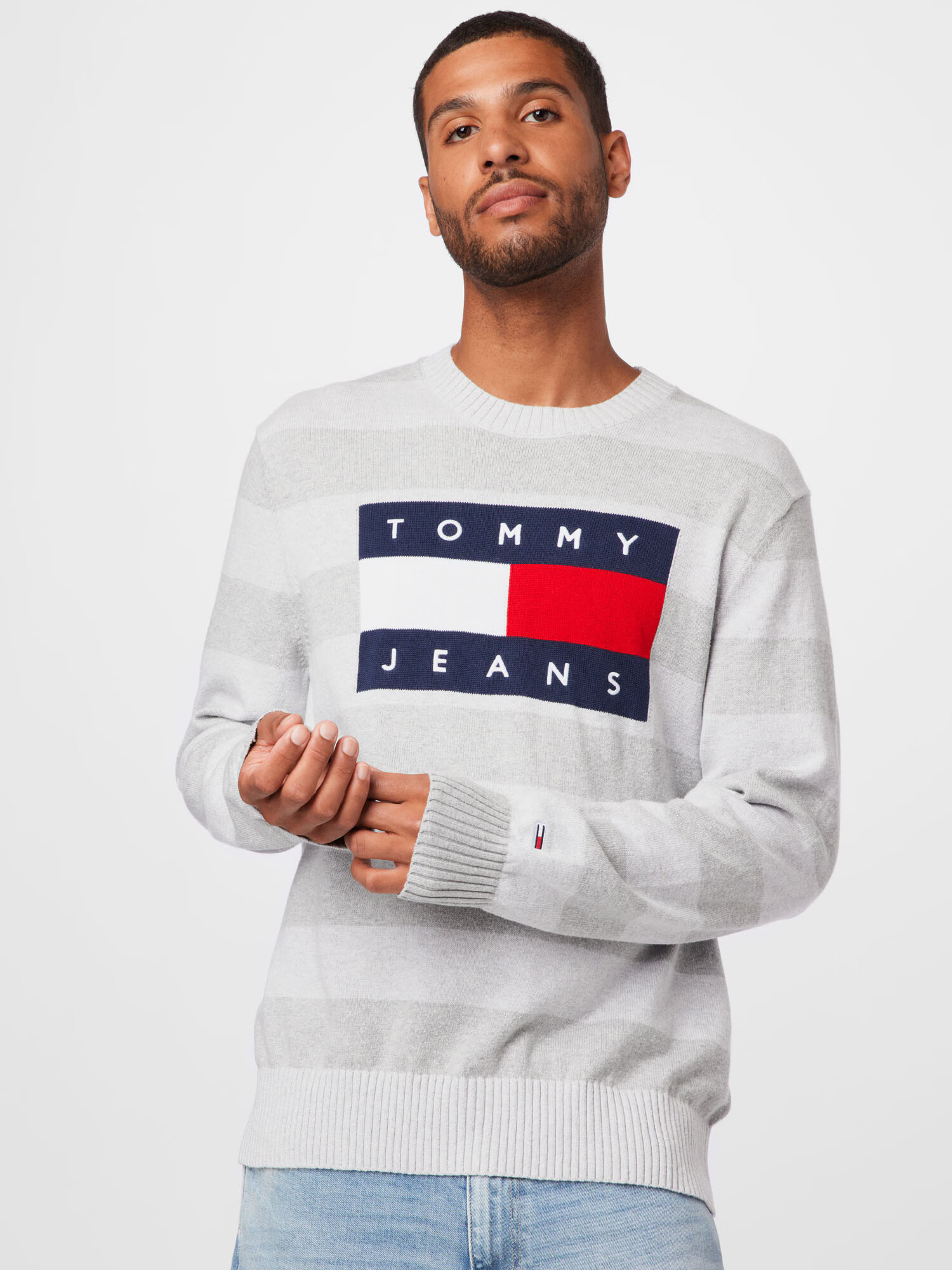 Tommy Jeans Pulover nočno modra / svetlo siva / rdeča / bela - Pepit.si