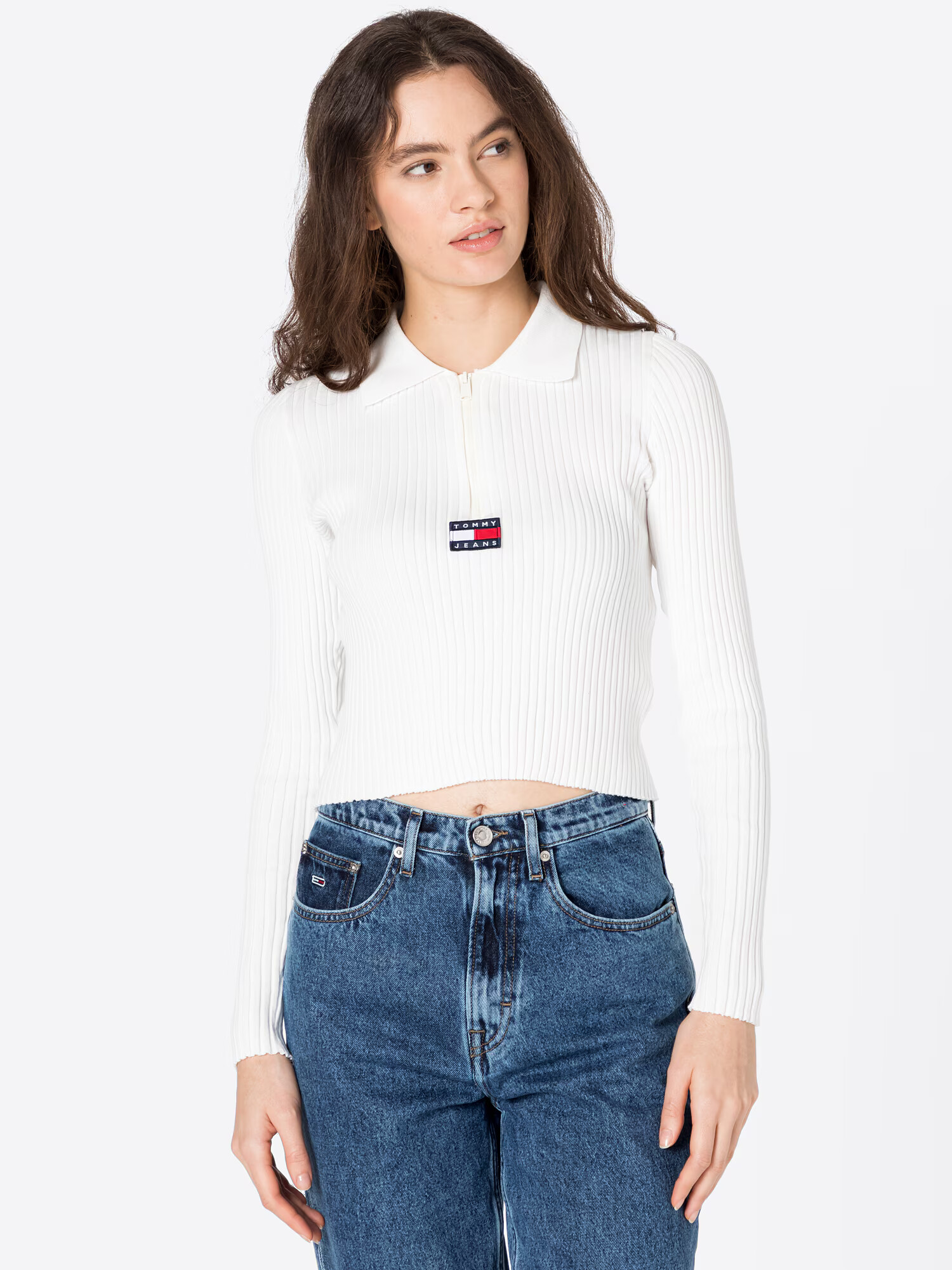 Tommy Jeans Pulover ecru / mornarska / rdeča / bela - Pepit.si