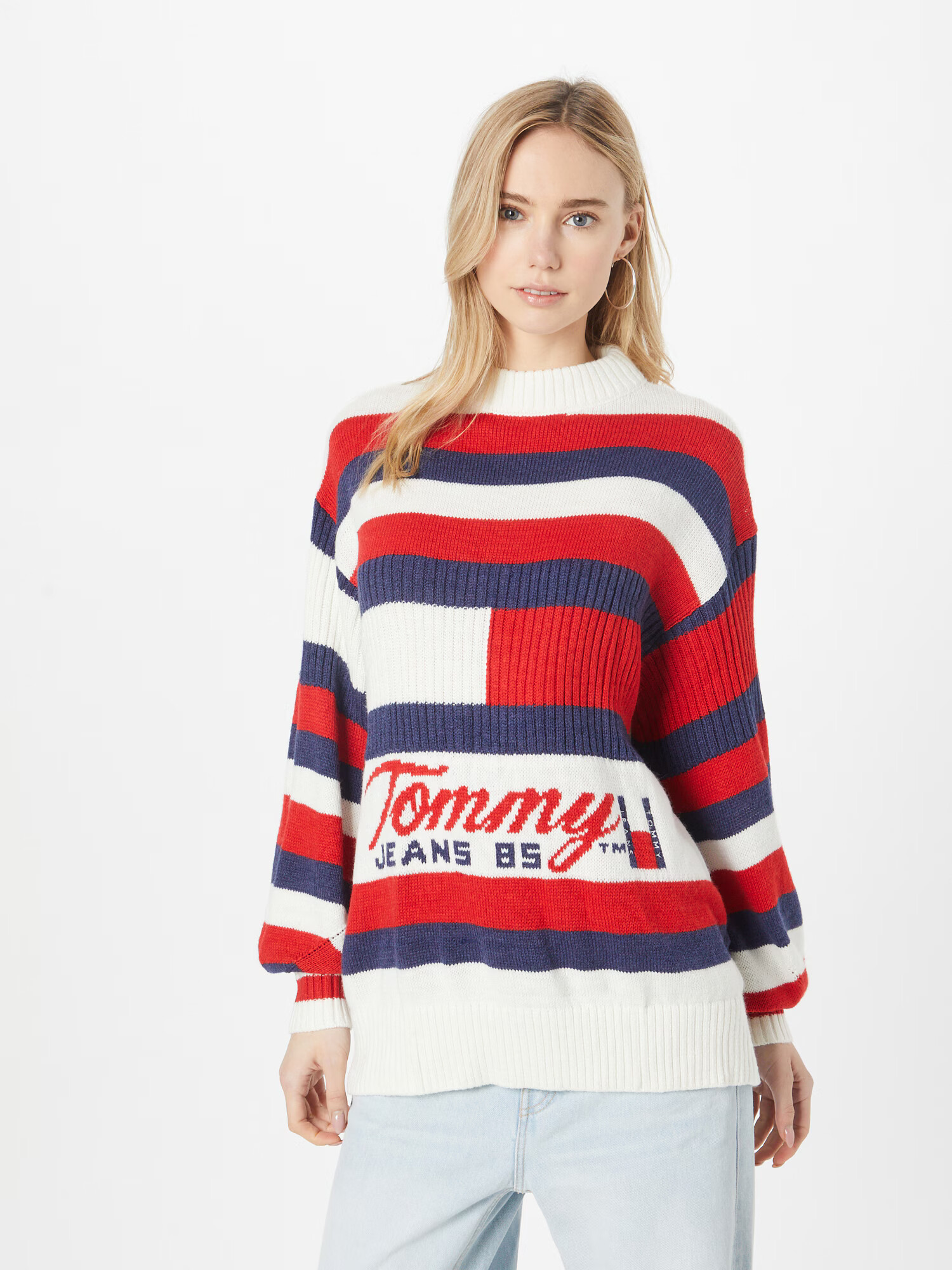 Tommy Jeans Pulover mornarska / rdeča / bela - Pepit.si