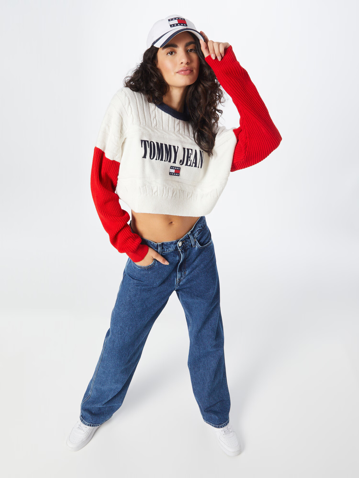 Tommy Jeans Pulover mornarska / rdeča / bela - Pepit.si