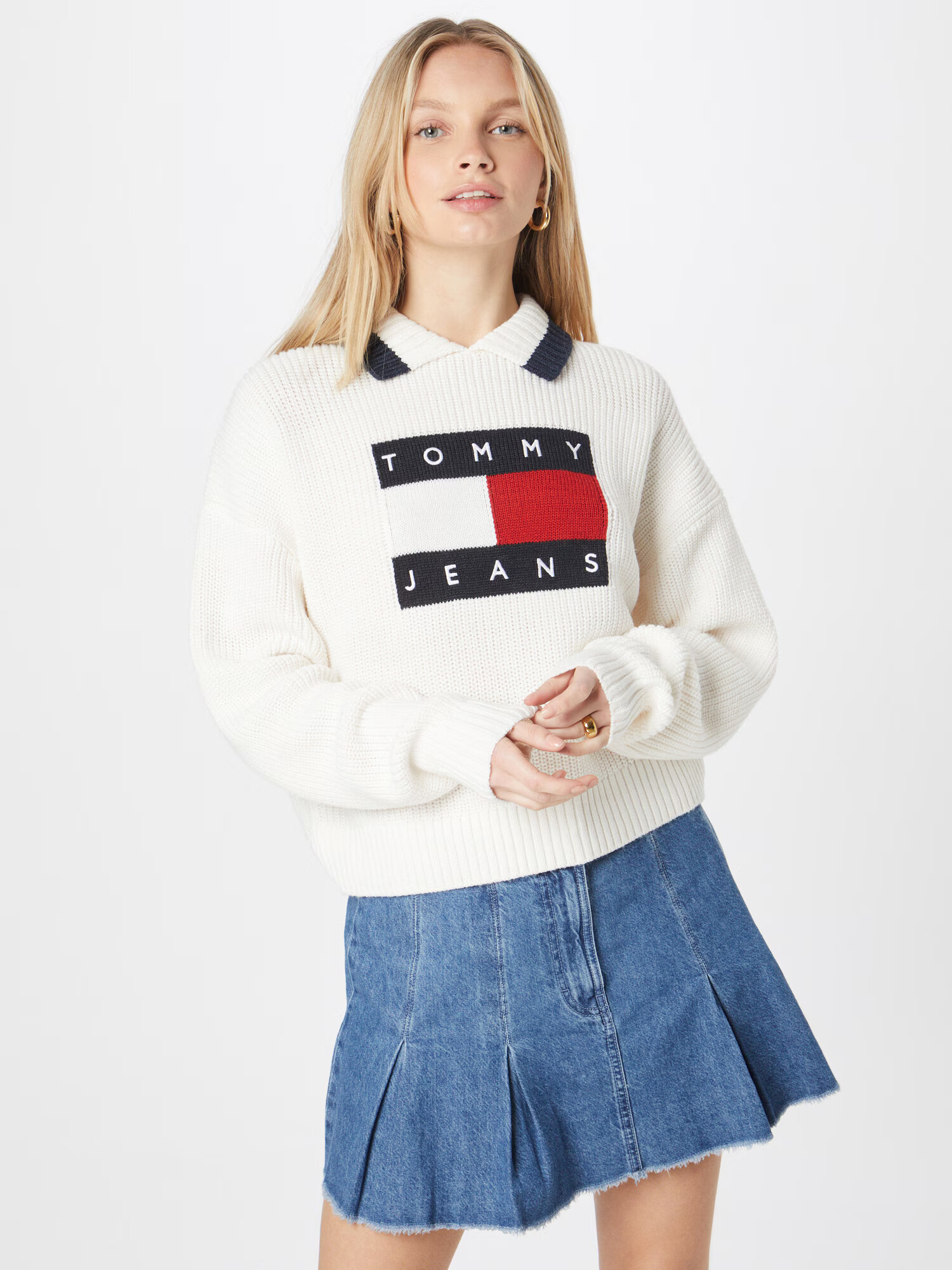 Tommy Jeans Pulover mornarska / rdeča / bela - Pepit.si