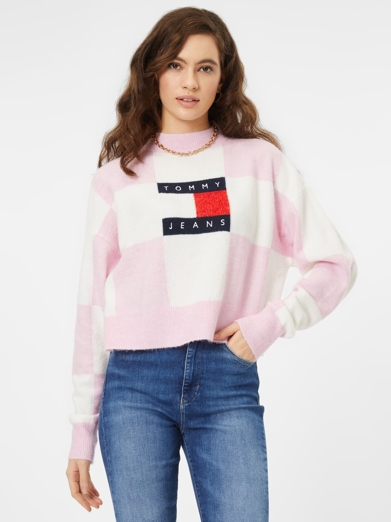 Tommy Jeans Pulover mornarska / svetlo roza / rdeča / bela - Pepit.si