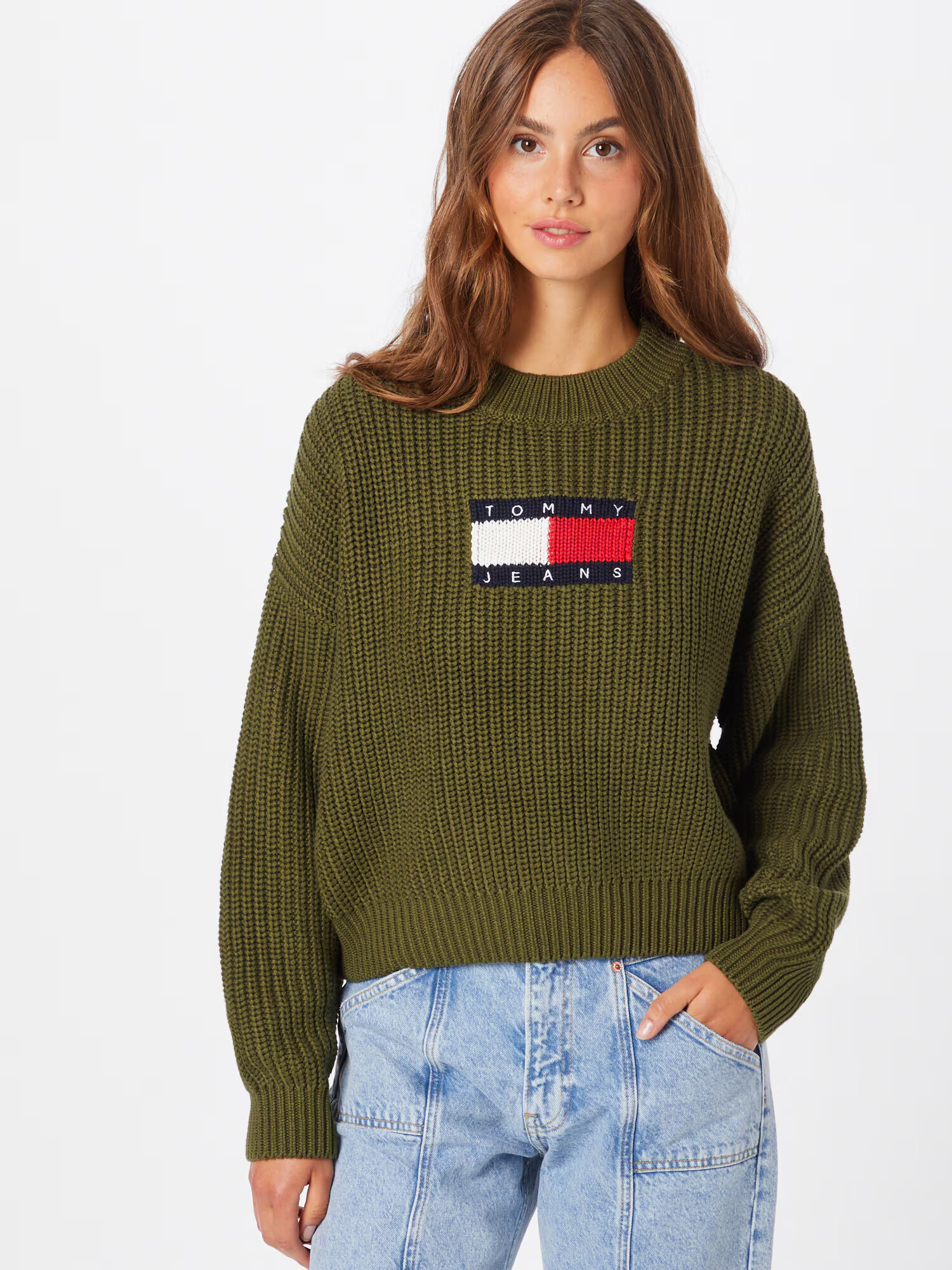 Tommy Jeans Pulover nočno modra / oliva / rdeča / bela - Pepit.si