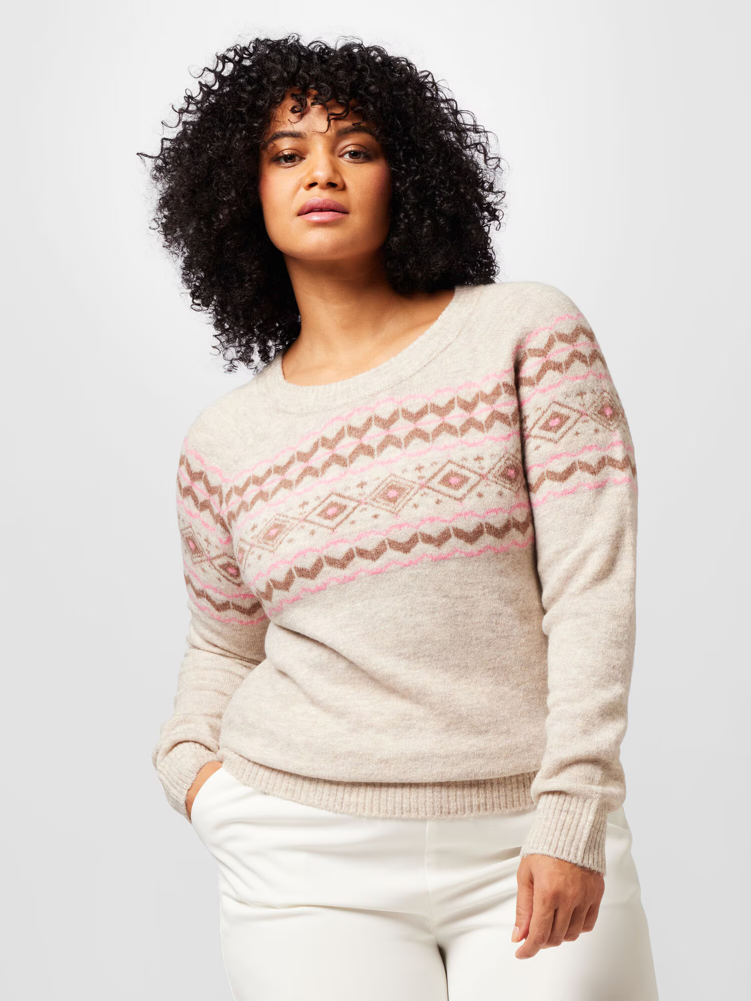 Vero Moda Curve Pulover 'FIFI FAIRISLE' bež / karamel / roza - Pepit.si