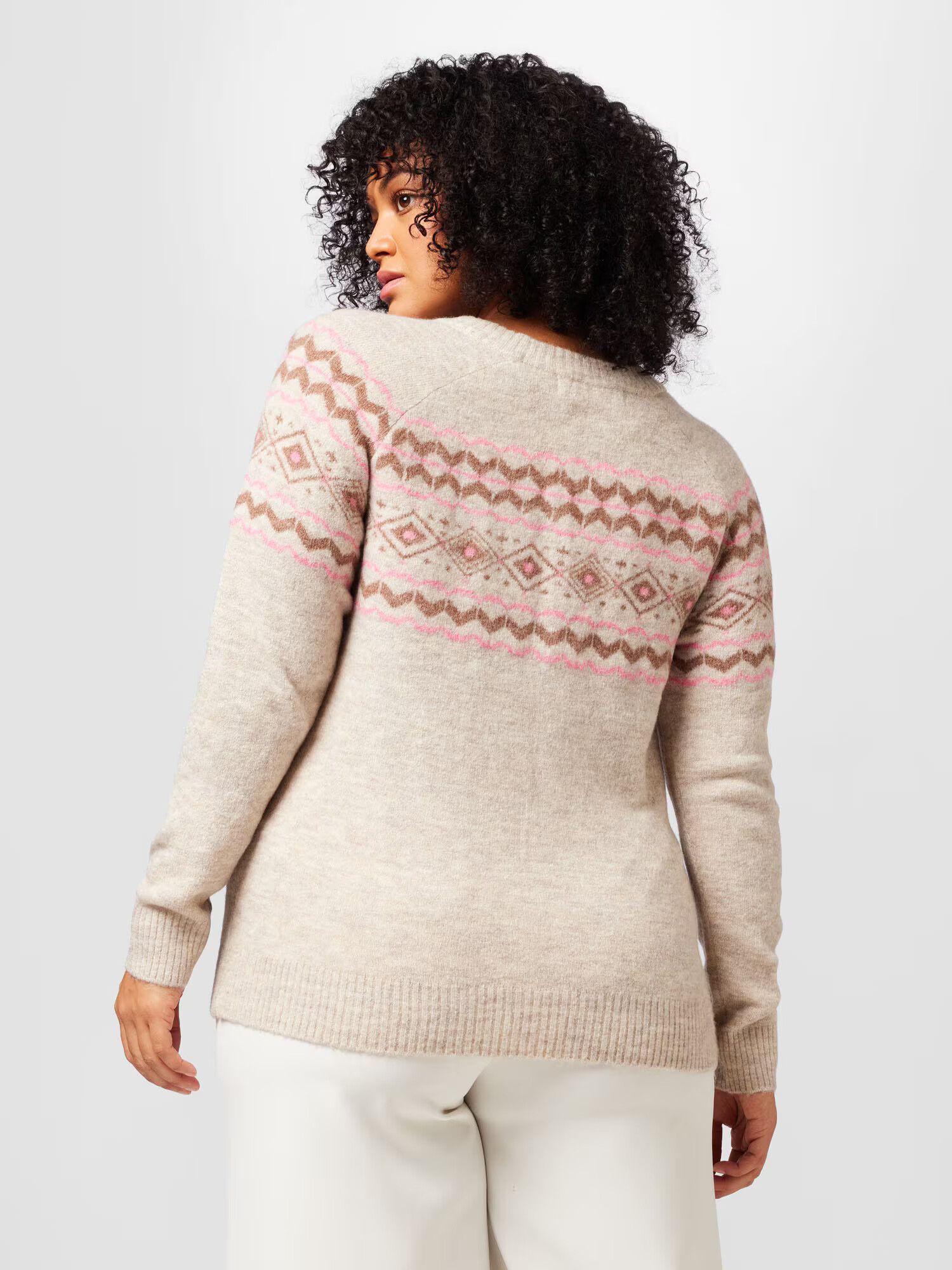 Vero Moda Curve Pulover 'FIFI FAIRISLE' bež / karamel / roza - Pepit.si