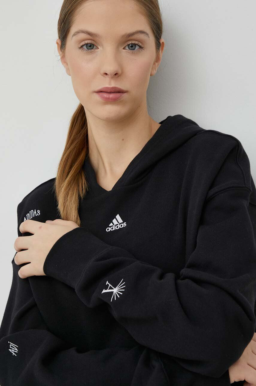 adidas Bombažen pulover ženska črna barva s kapuco - Pepit.si