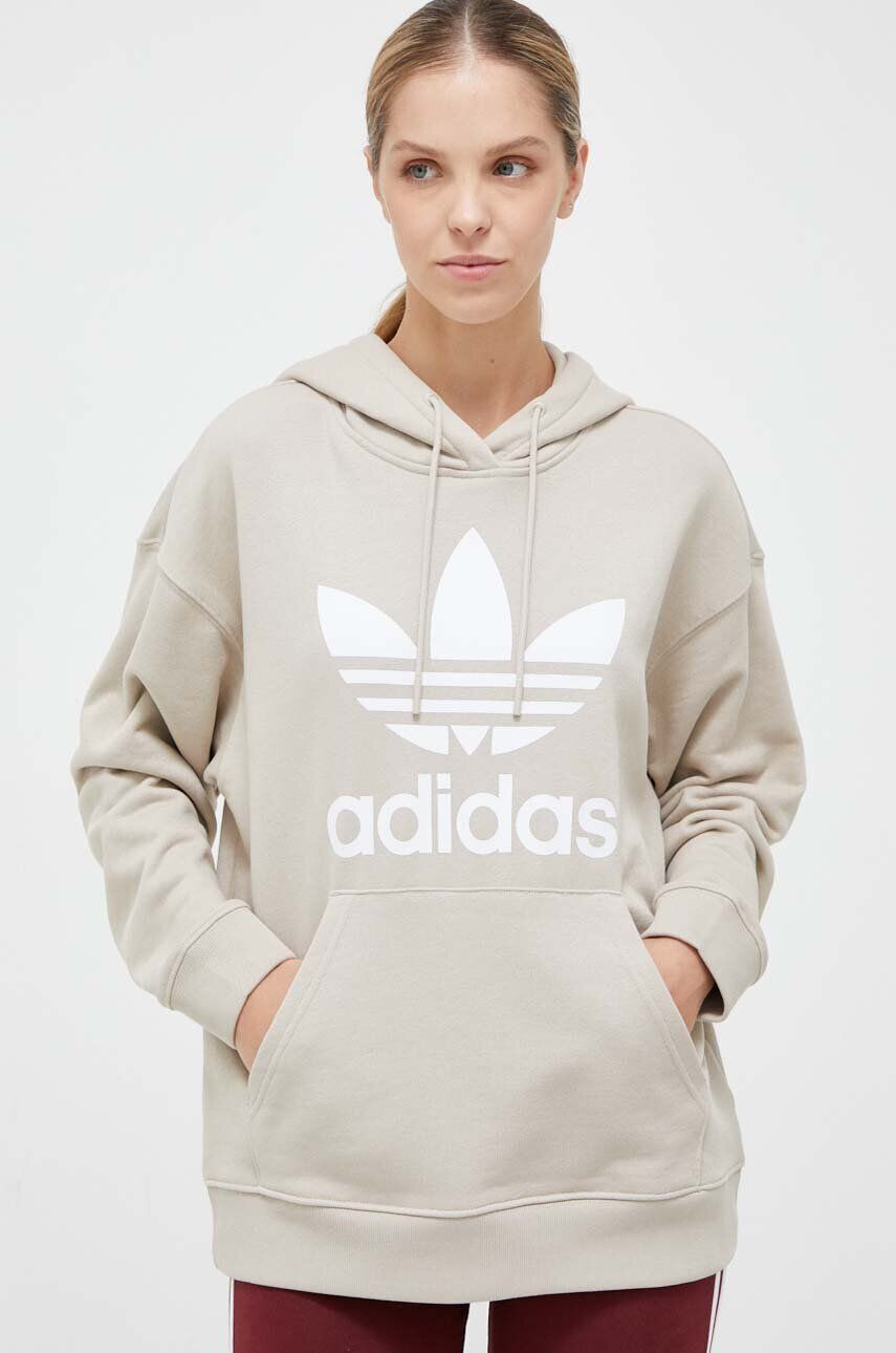 adidas Originals Bombažen pulover ženska bež barva s kapuco - Pepit.si