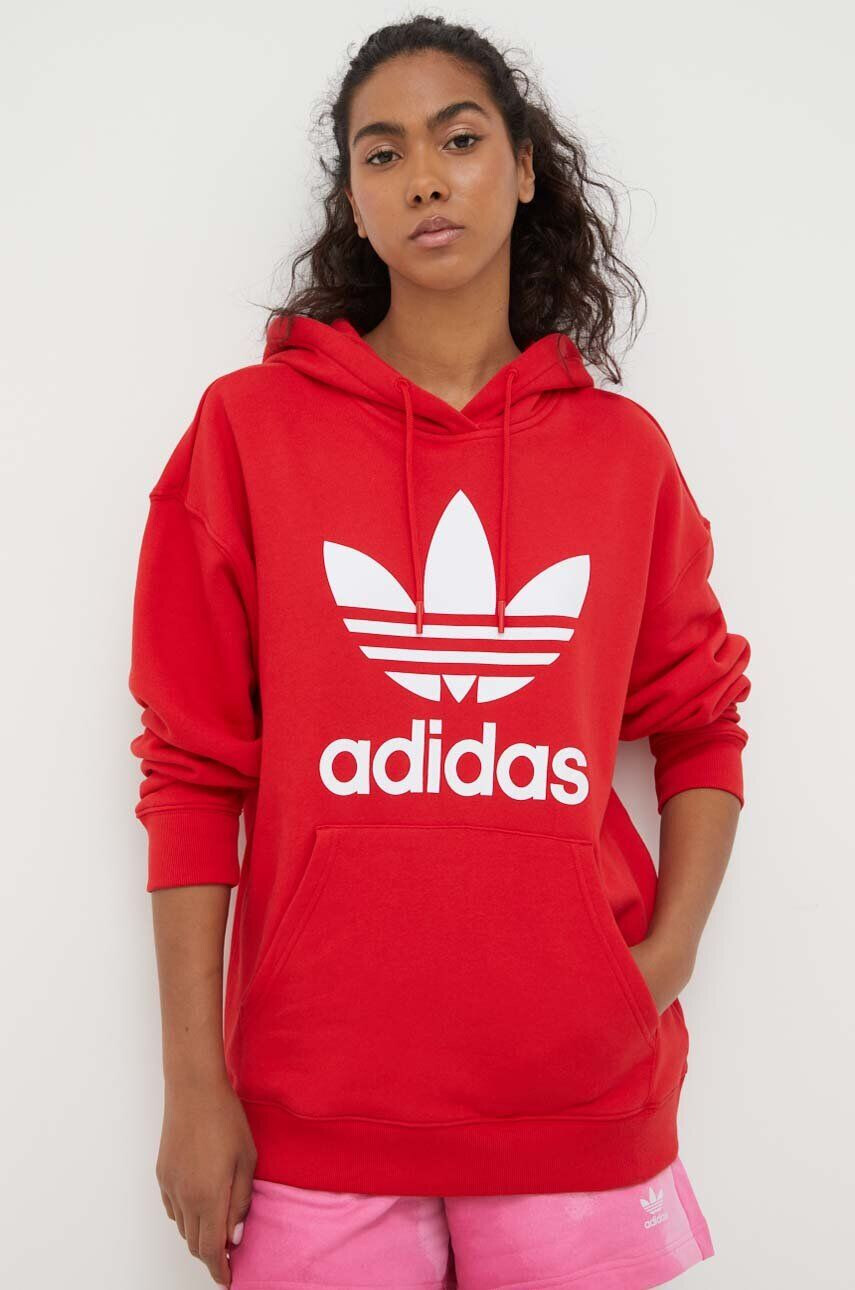 adidas Originals Bombažen pulover ženska rdeča barva s kapuco - Pepit.si