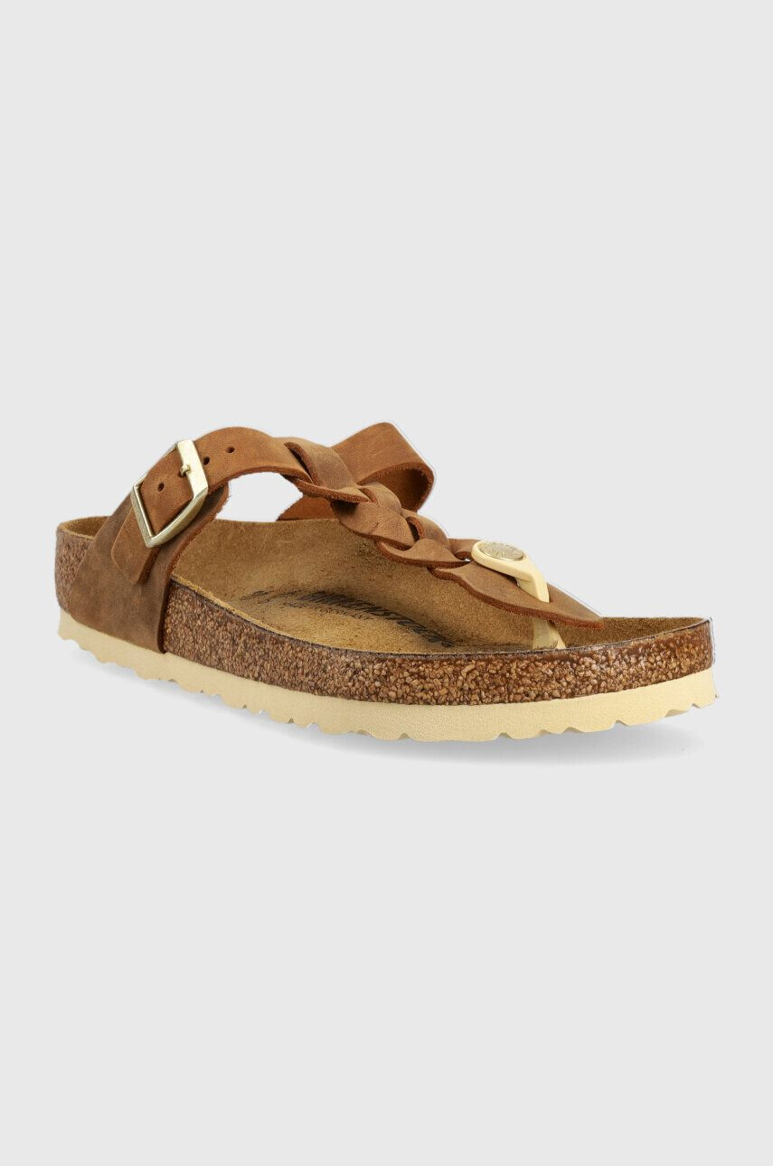 Birkenstock Usnjene japonke Gizeh Braided ženske rjava barva - Pepit.si