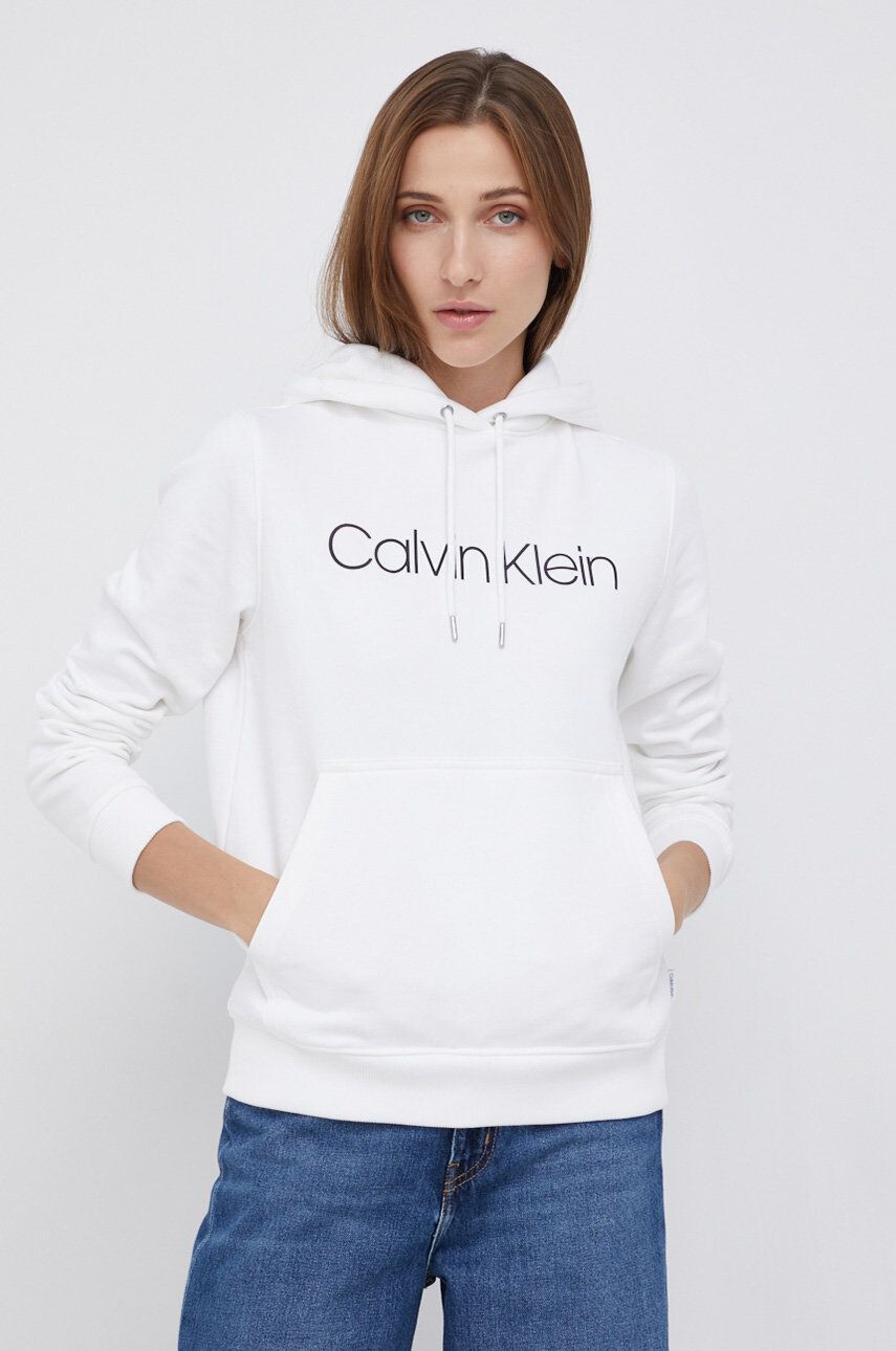 Calvin Klein Bombažna mikica ženska bela barva s kapuco - Pepit.si