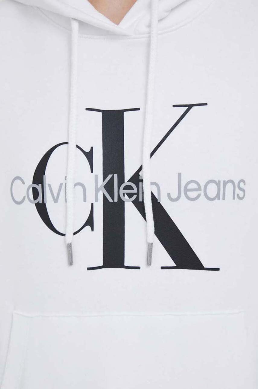 Calvin Klein Jeans Bombažen pulover ženska bela barva s kapuco - Pepit.si