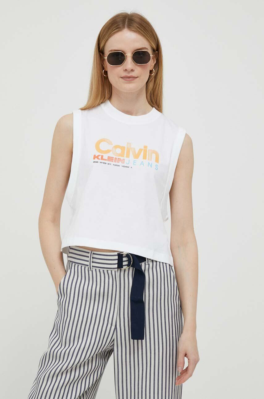 Calvin Klein Jeans Bombažen top bela barva - Pepit.si