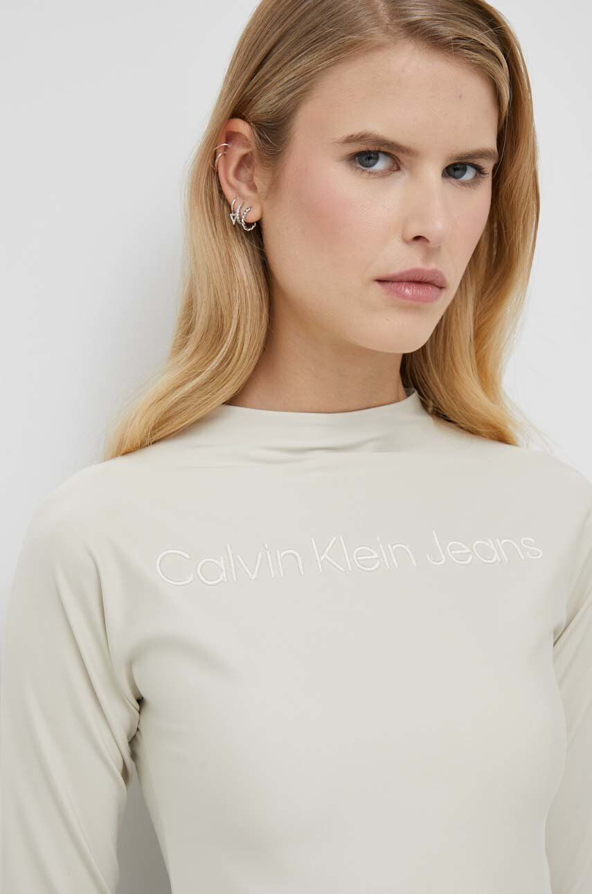 Calvin Klein Jeans Majica z dolgimi rokavi ženski bež barva - Pepit.si