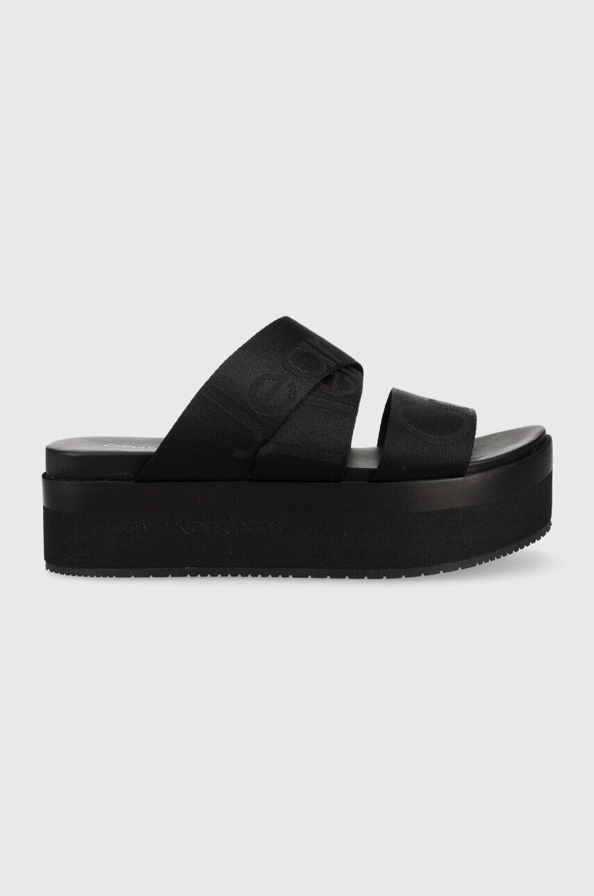 Calvin Klein Jeans Natikači FLATFORM SANDAL WEBBING ženski bež barva YW0YW00966 - Pepit.si