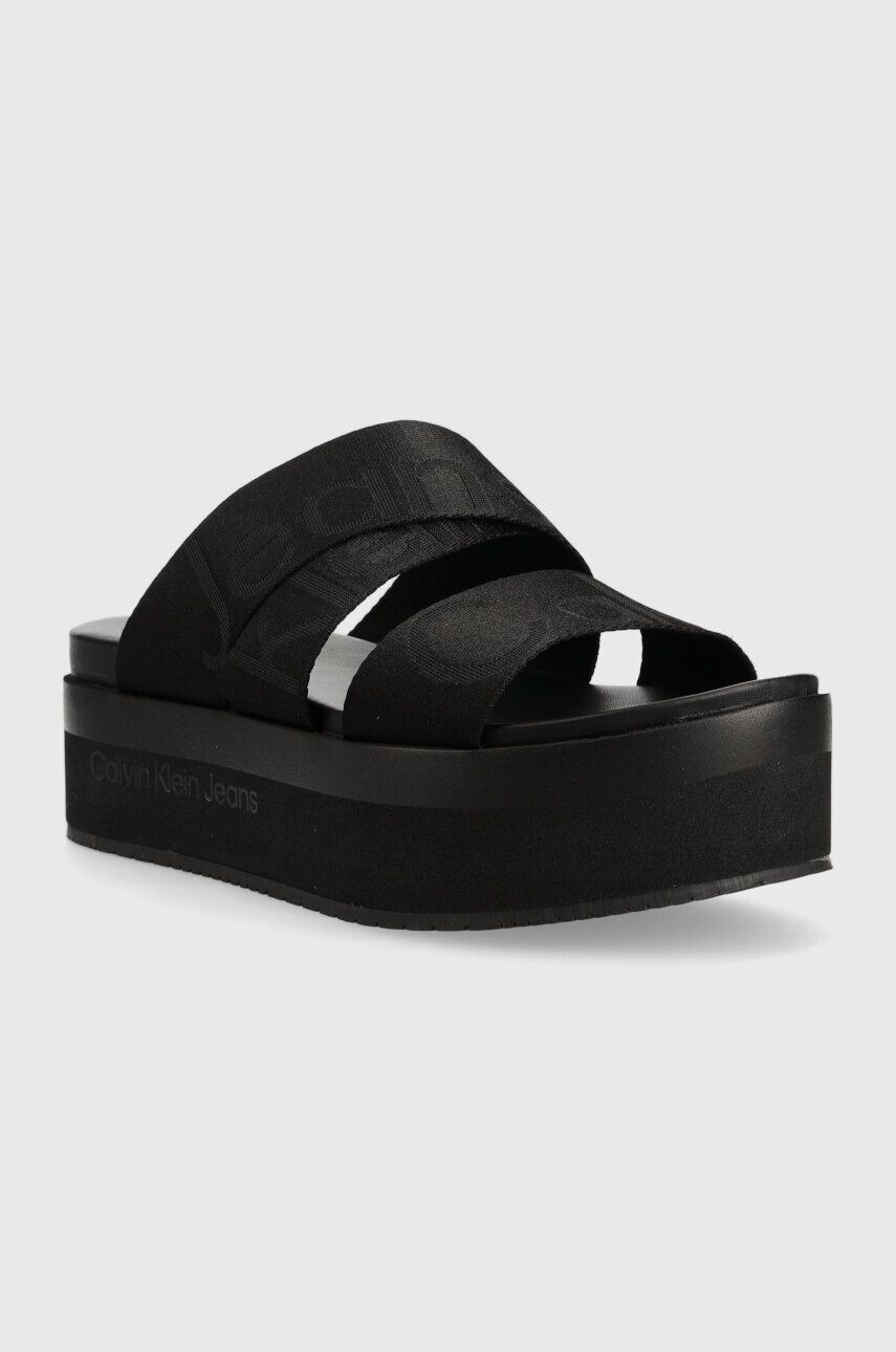 Calvin Klein Jeans Natikači FLATFORM SANDAL WEBBING ženski bež barva YW0YW00966 - Pepit.si