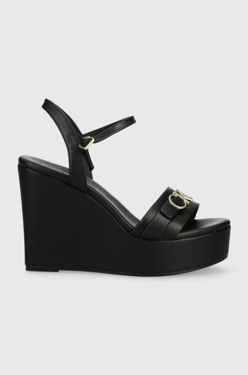 Calvin Klein Usnjeni sandali WEDGE 70HH W/HW ženski črna barva HW0HW01485 - Pepit.si