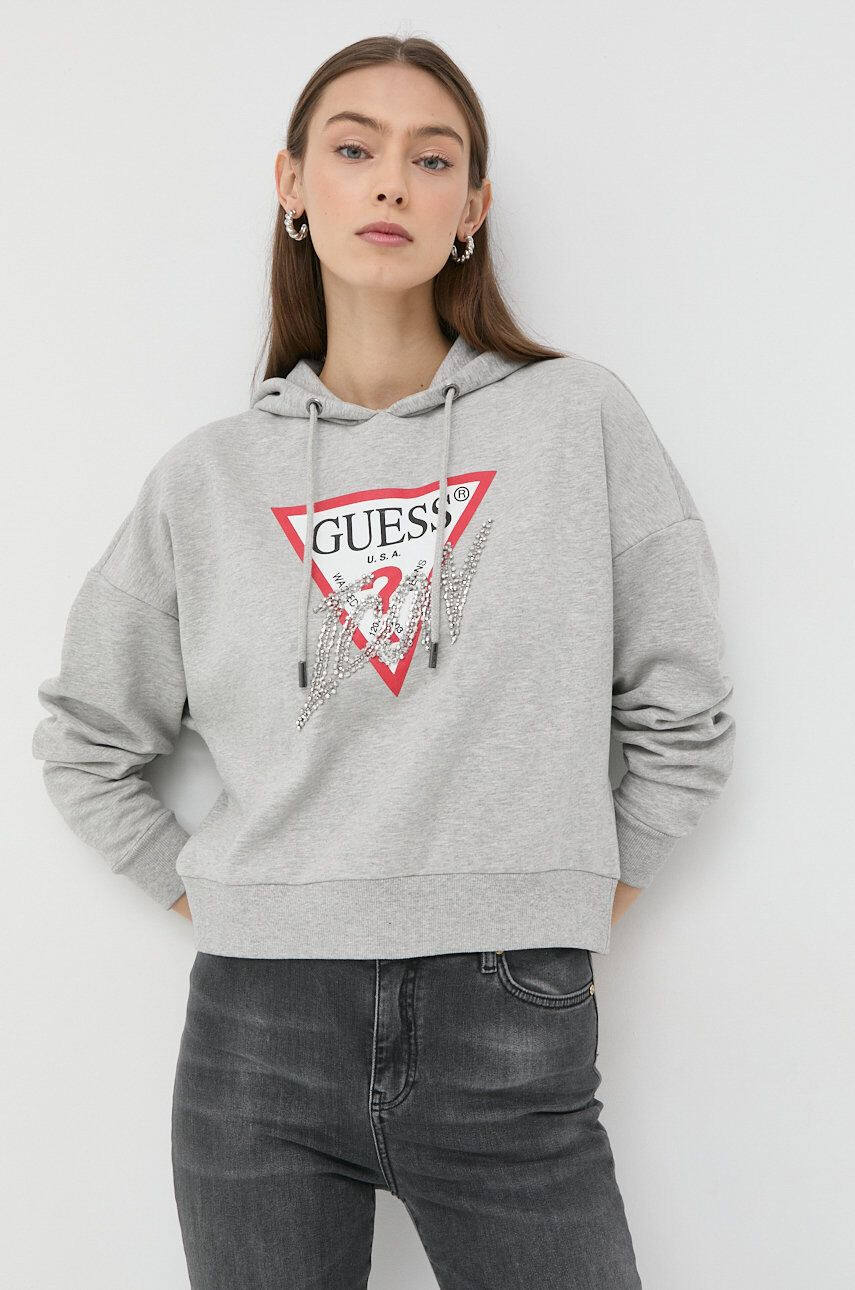 Guess Bluza ženska siva barva s kapuco - Pepit.si